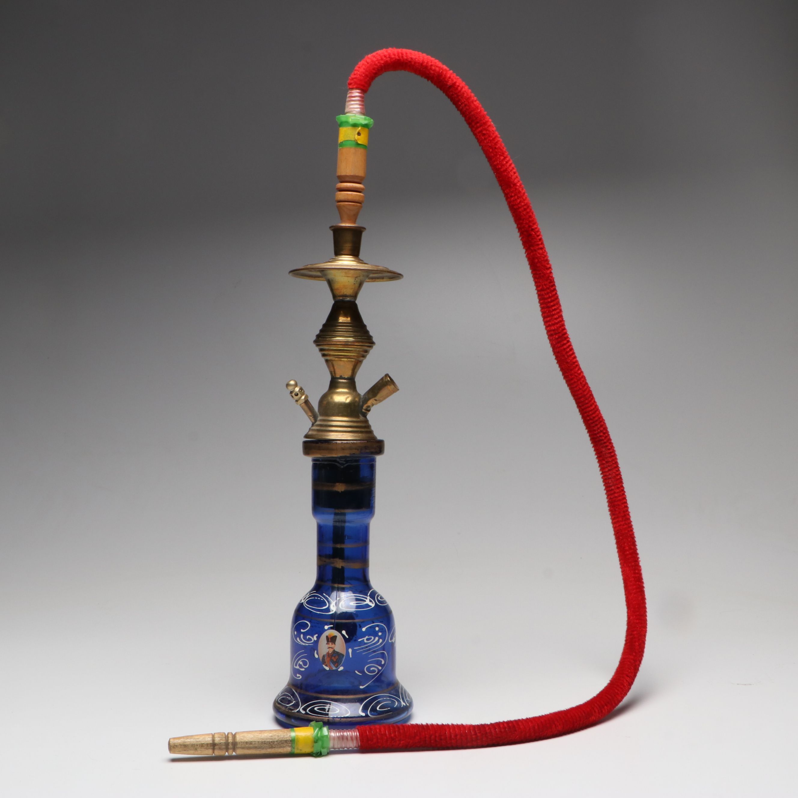 Persian Cobalt Glass Naser al-Din Shah Qajar Portrait Hookah