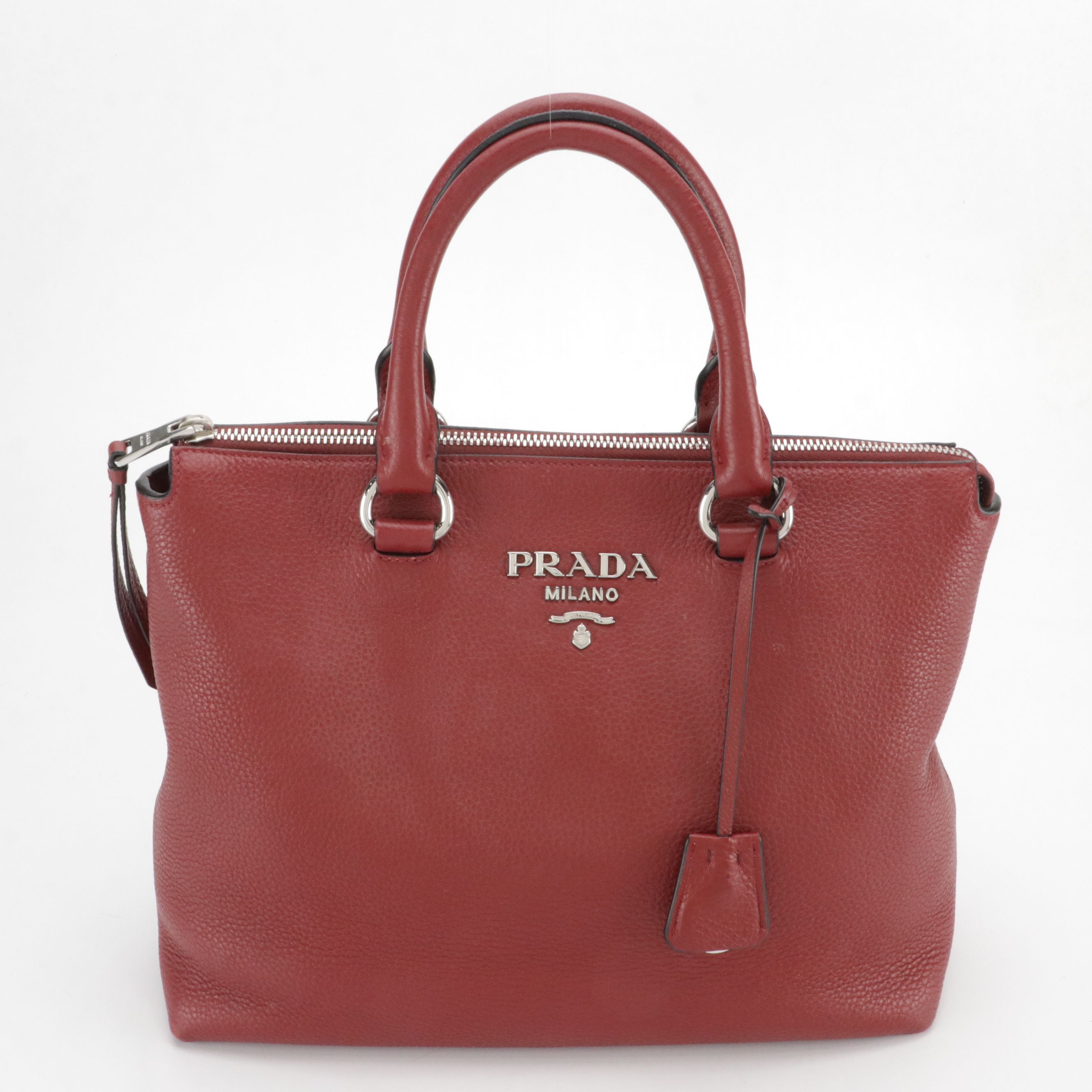 Prada Vitello Phenix Leather Convertible Zip Tote in Rubino