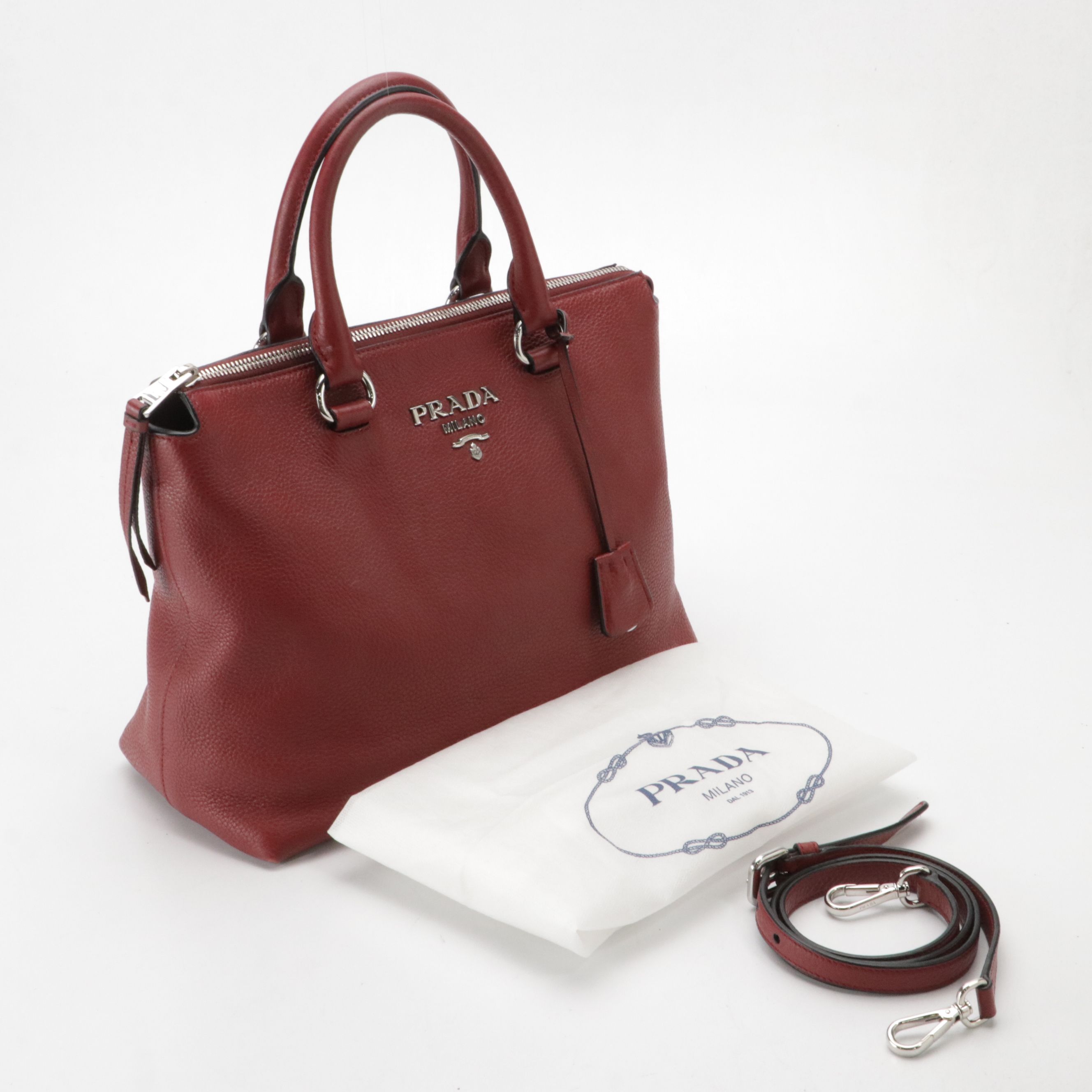 Prada Vitello Phenix Leather Convertible Zip Tote in Rubino