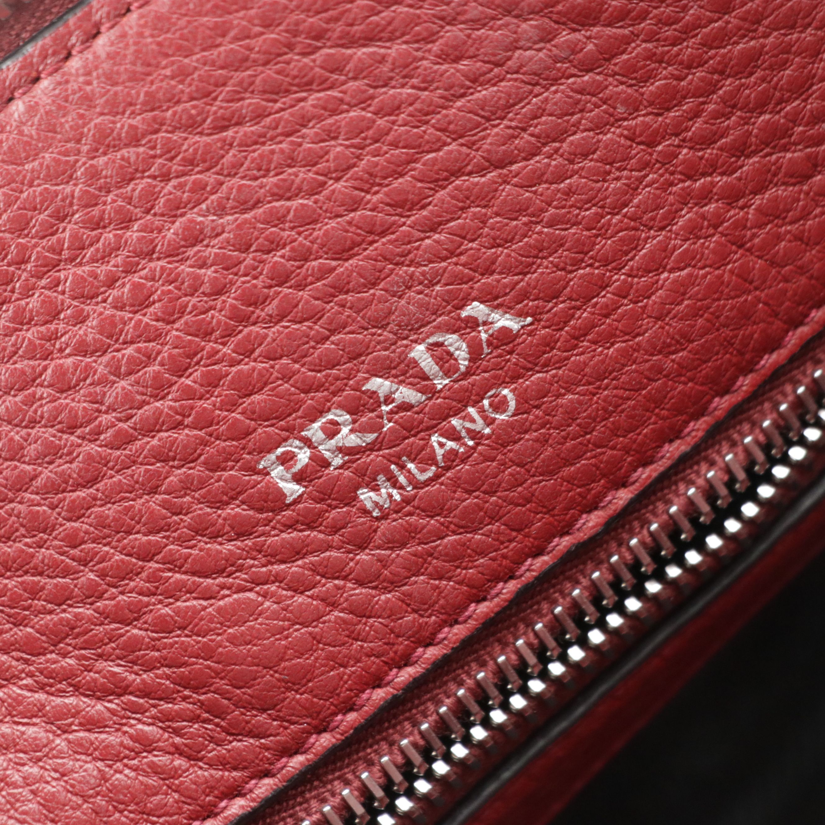 Prada Vitello Phenix Leather Convertible Zip Tote in Rubino