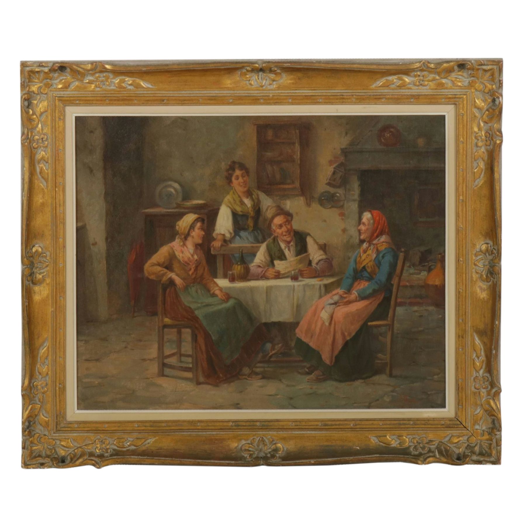 Adolf Raufer Interior Oil Painting Genre Scene of Figures Around a Table