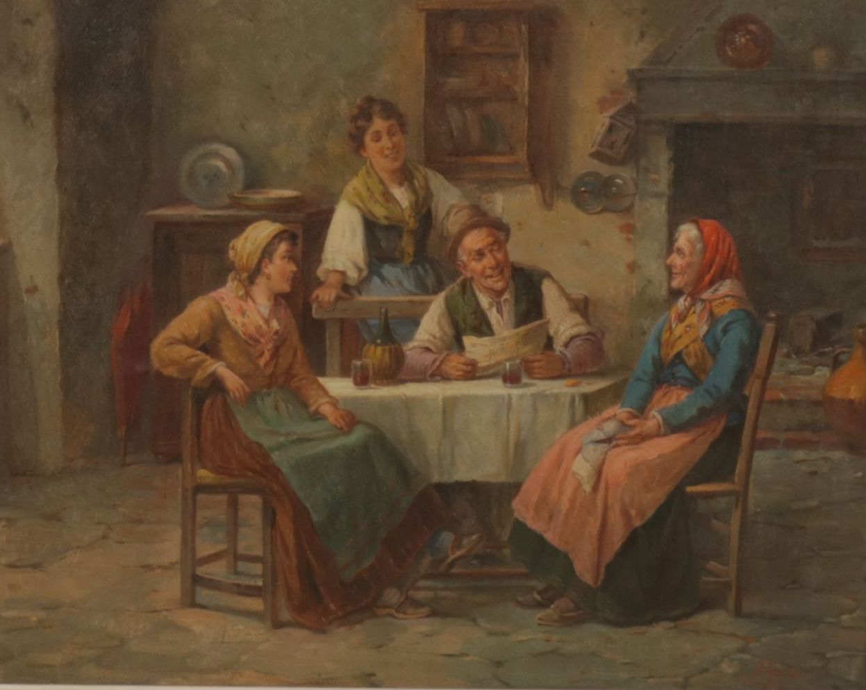 Adolf Raufer Interior Oil Painting Genre Scene of Figures Around a Table