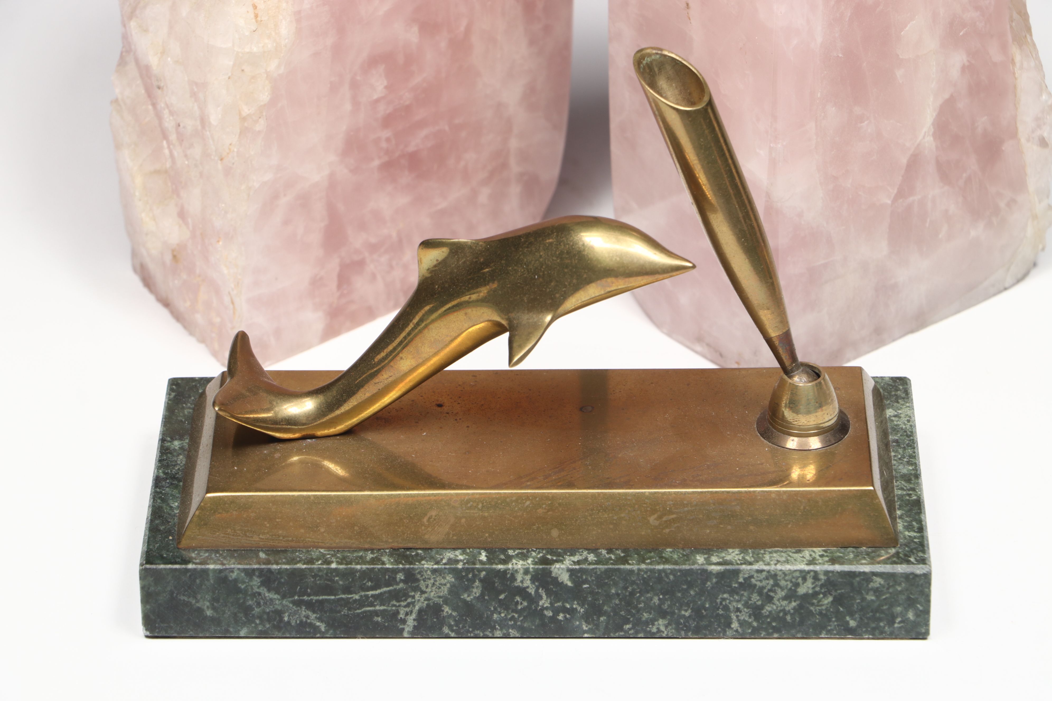 Marble Base Brass Pen Holder with Rose Quartz Bookends and Green Resin Box