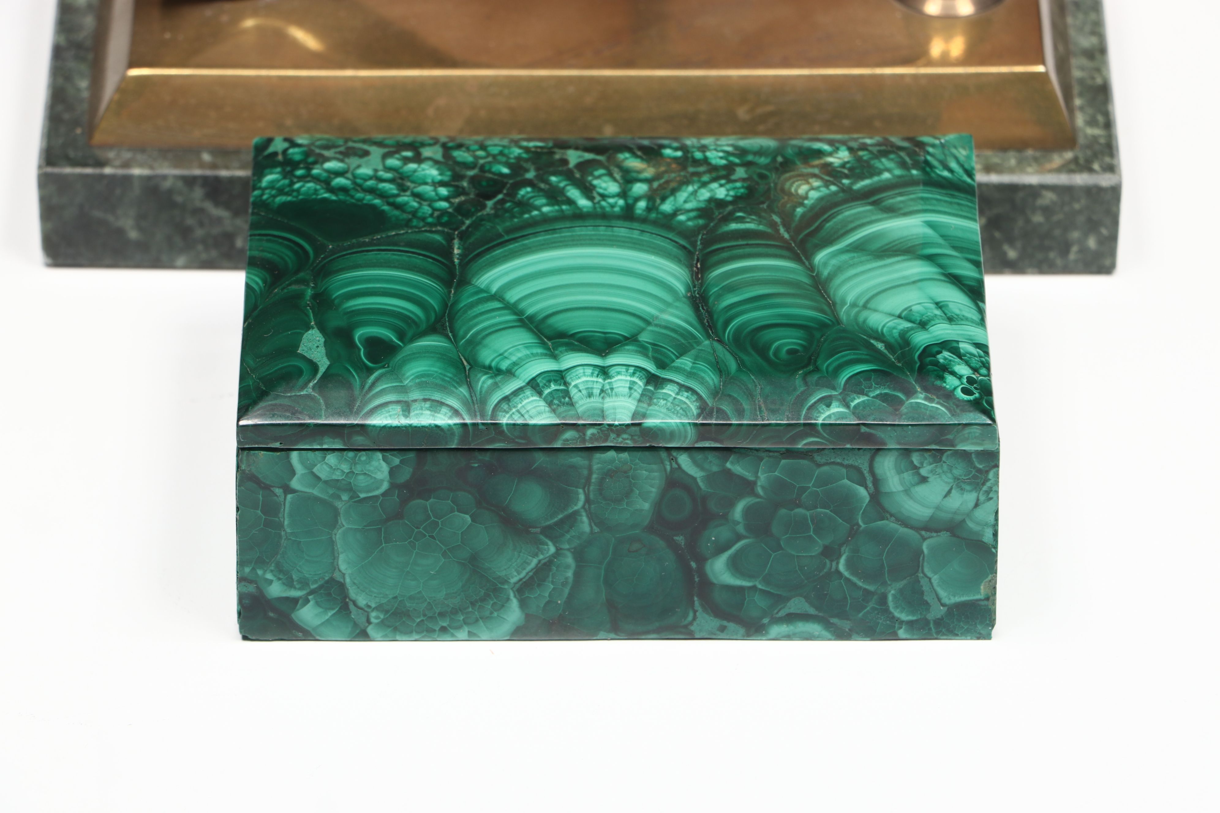 Marble Base Brass Pen Holder with Rose Quartz Bookends and Green Resin Box