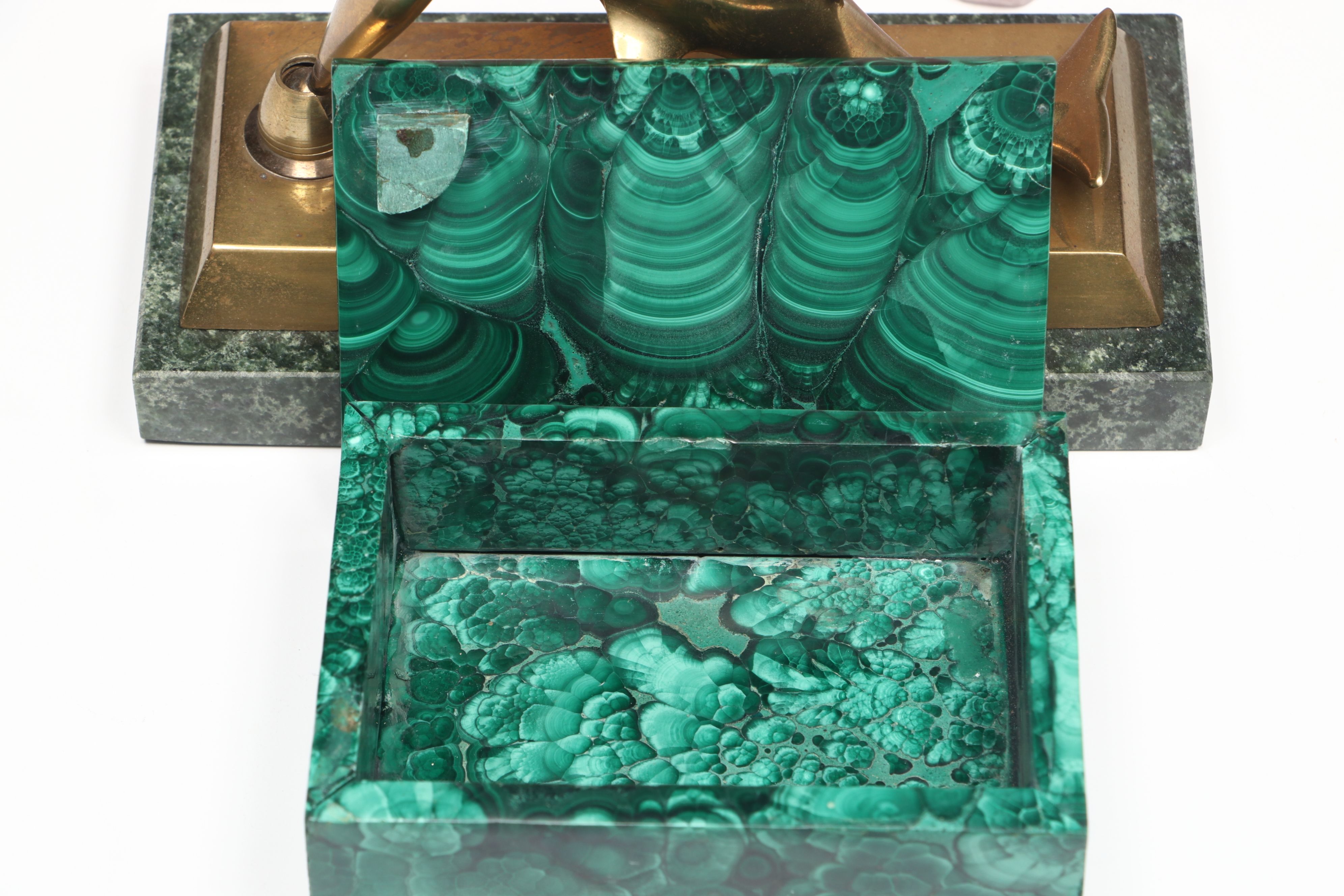 Marble Base Brass Pen Holder with Rose Quartz Bookends and Green Resin Box