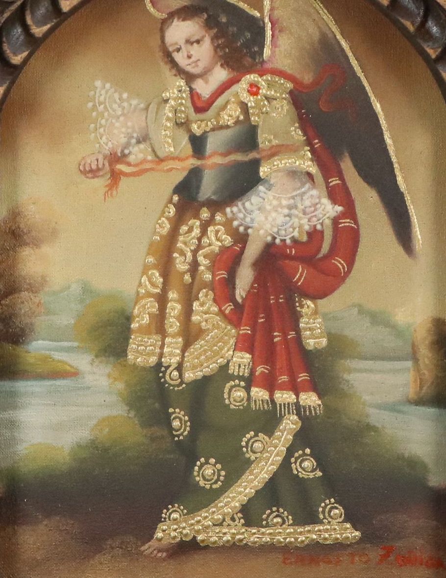 Ernesto Zúñiga Cuzco School Style Oil Painting "Archangel Uriel"