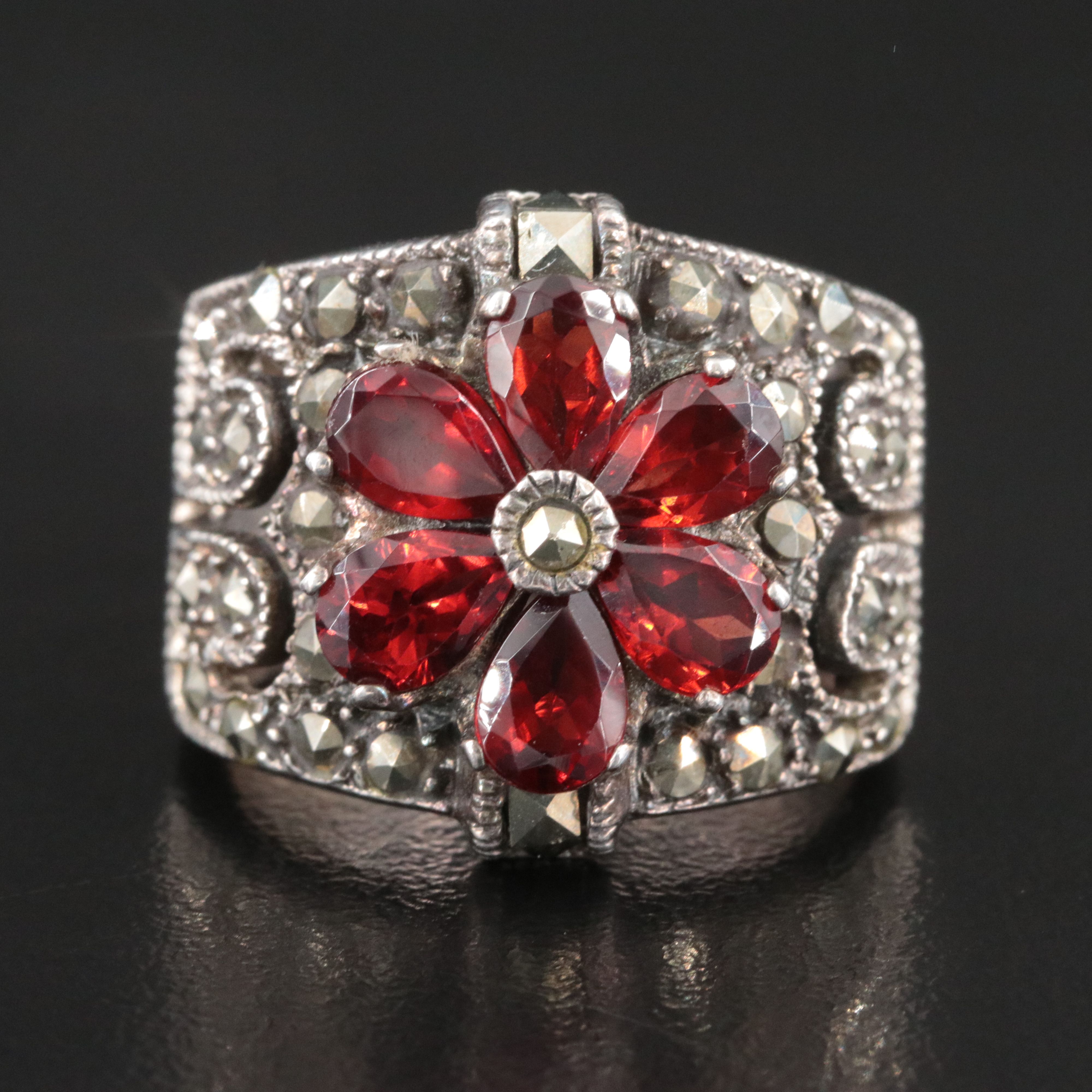 Sterling Garnet and Marcasite Ring