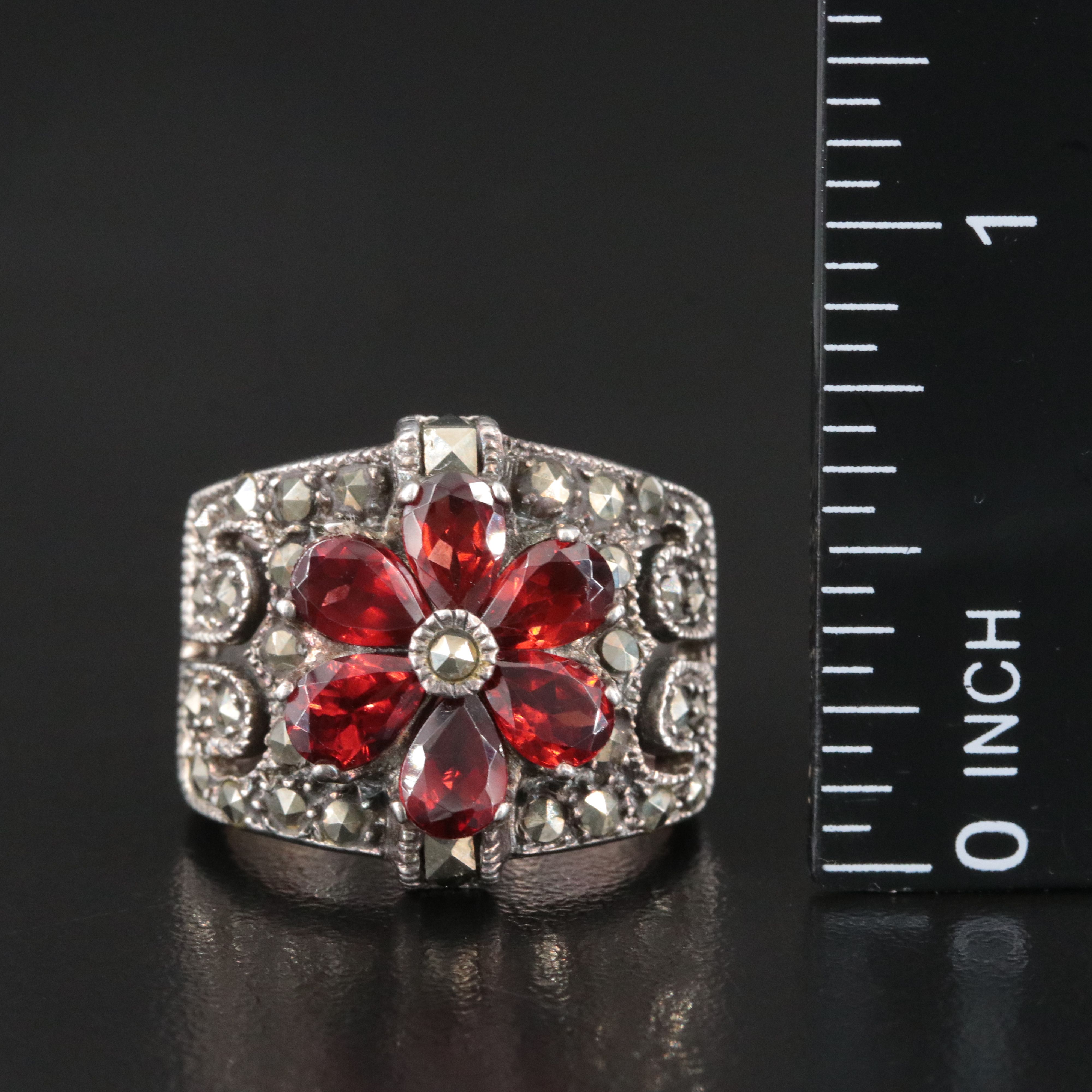 Sterling Garnet and Marcasite Ring