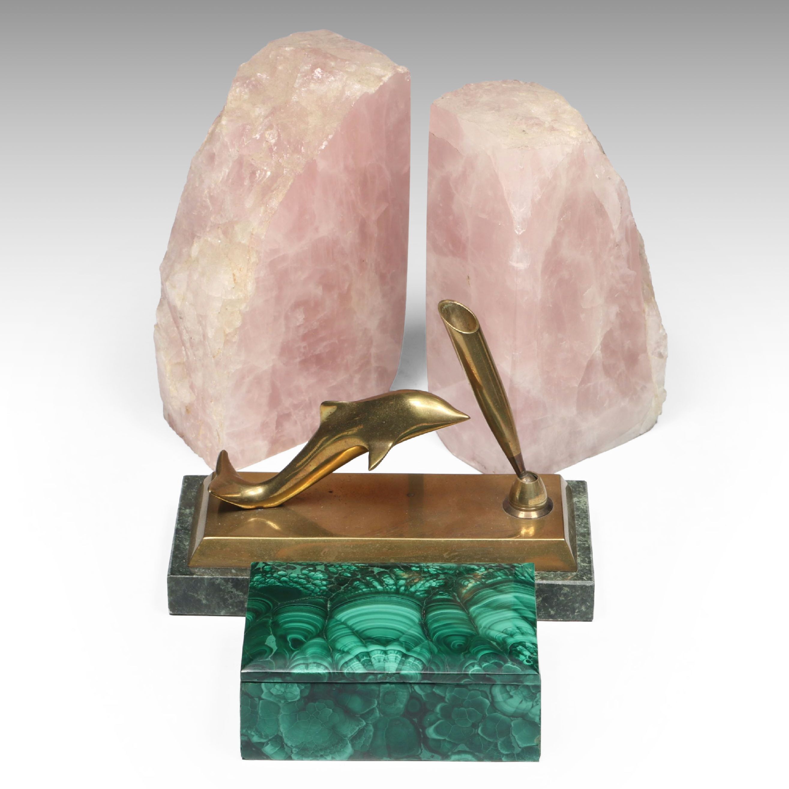 Marble Base Brass Pen Holder with Rose Quartz Bookends and Green Resin Box