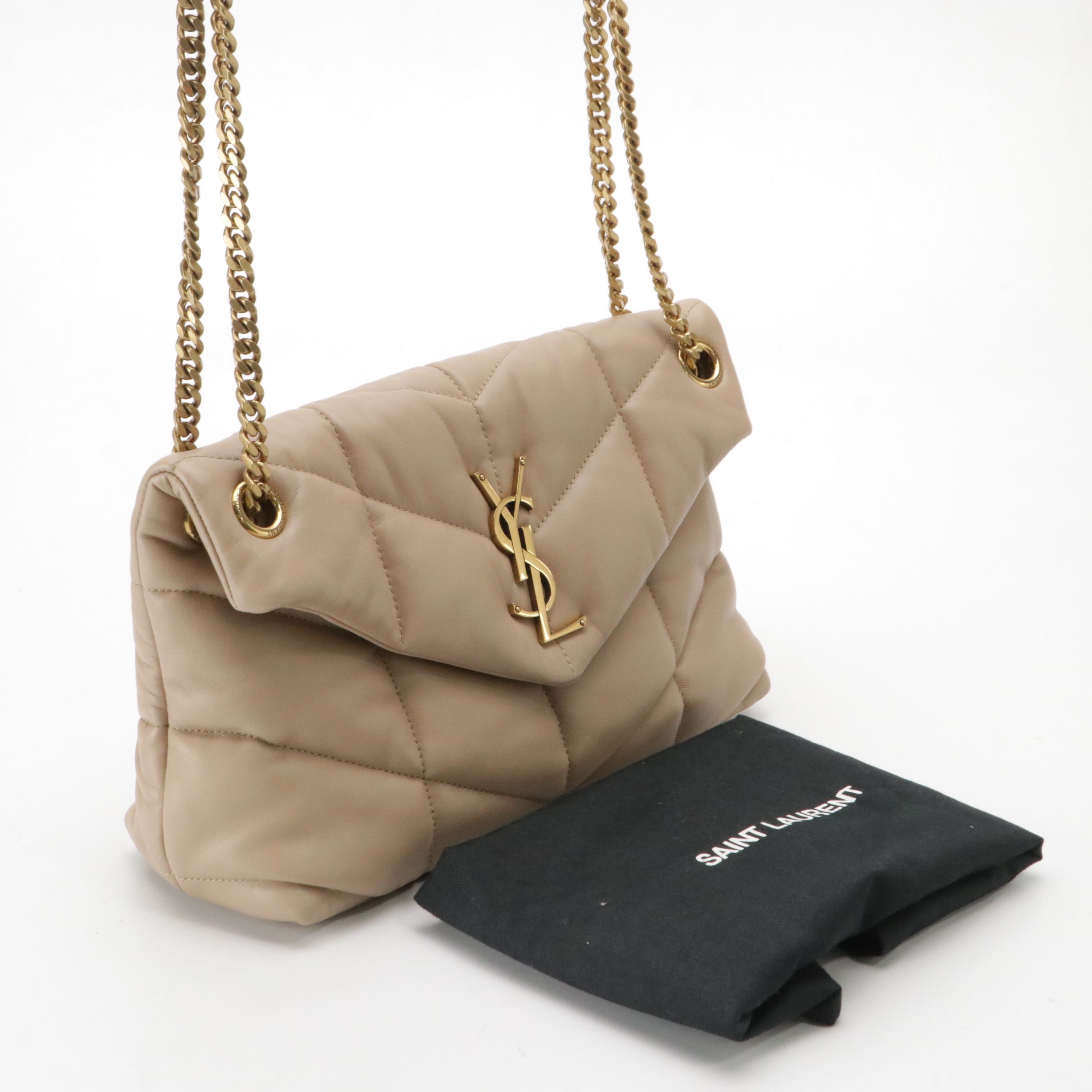 Saint Laurent Loulou Toy Puffer Chain Strap Bag in Beige Quilted Lambskin