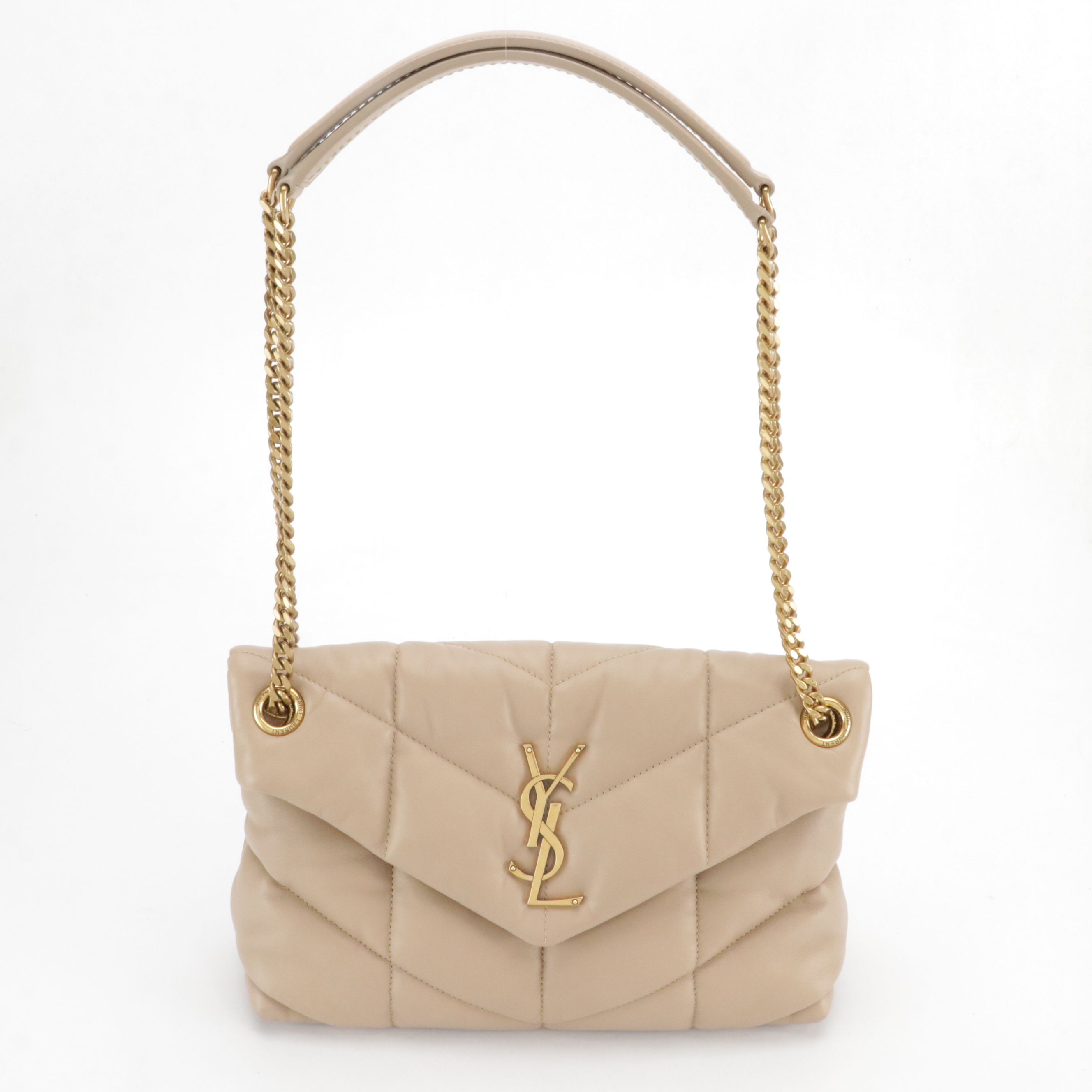 Saint Laurent Loulou Toy Puffer Chain Strap Bag in Beige Quilted Lambskin