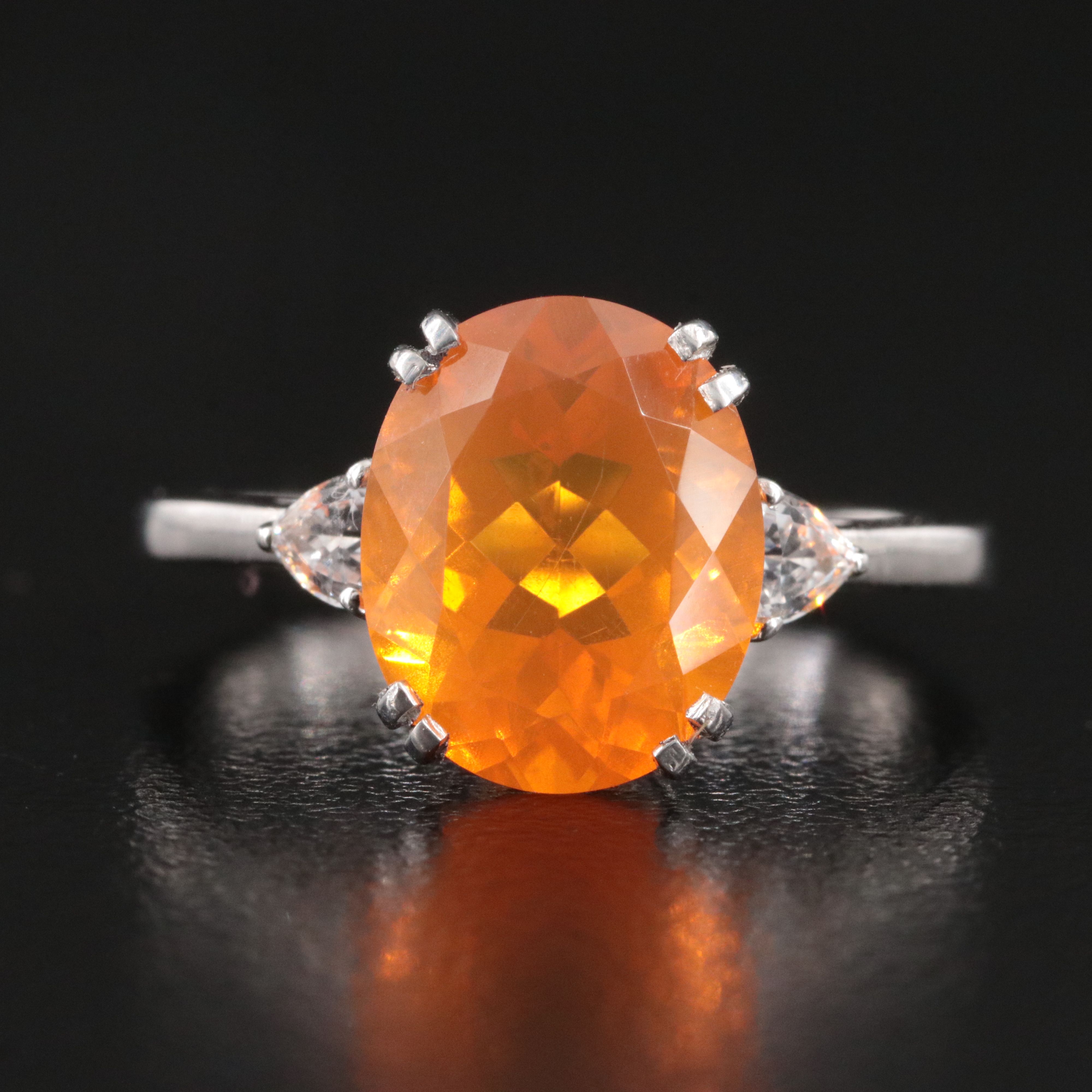 Platinum Fire Opal and White Sapphire Ring