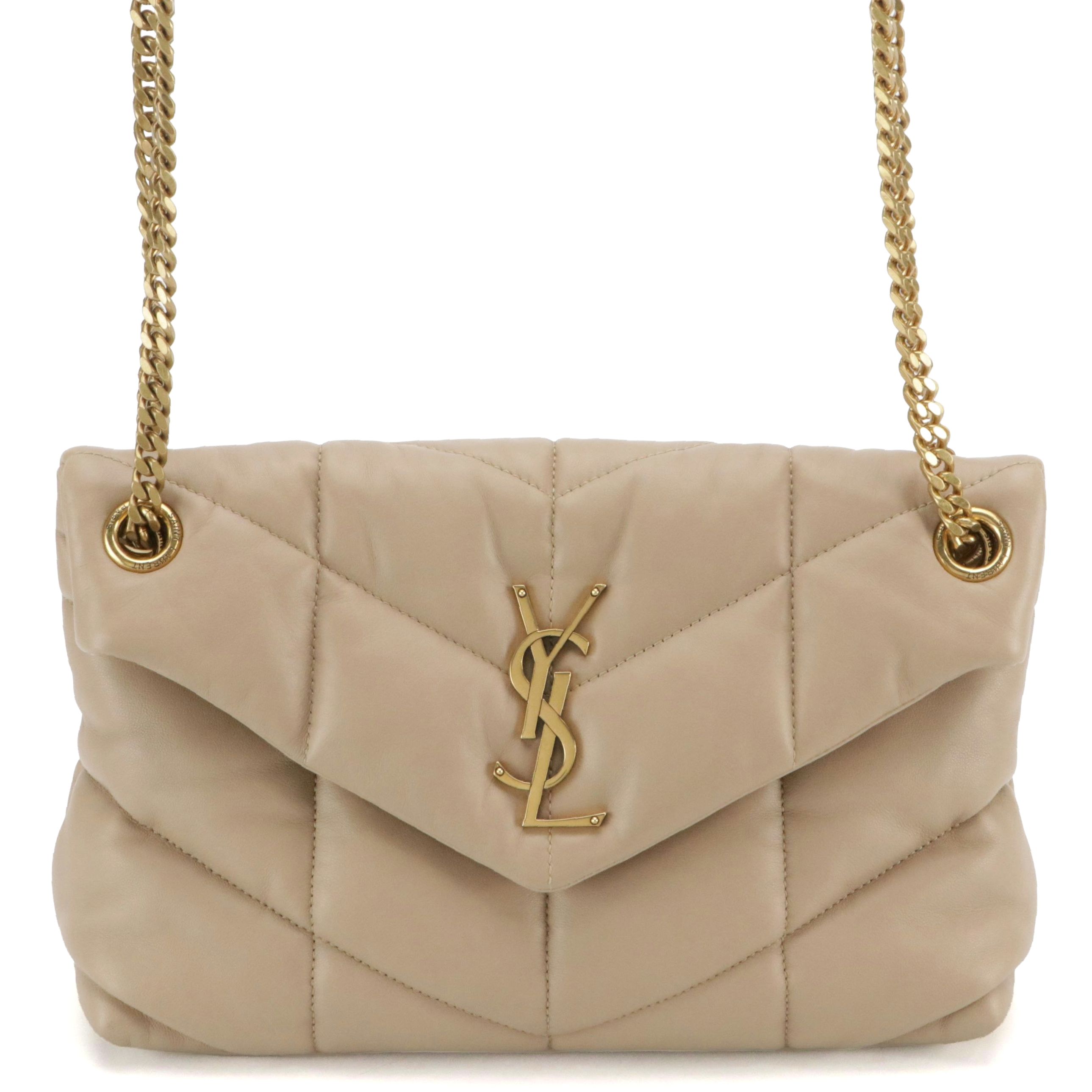 Saint Laurent Loulou Toy Puffer Chain Strap Bag in Beige Quilted Lambskin