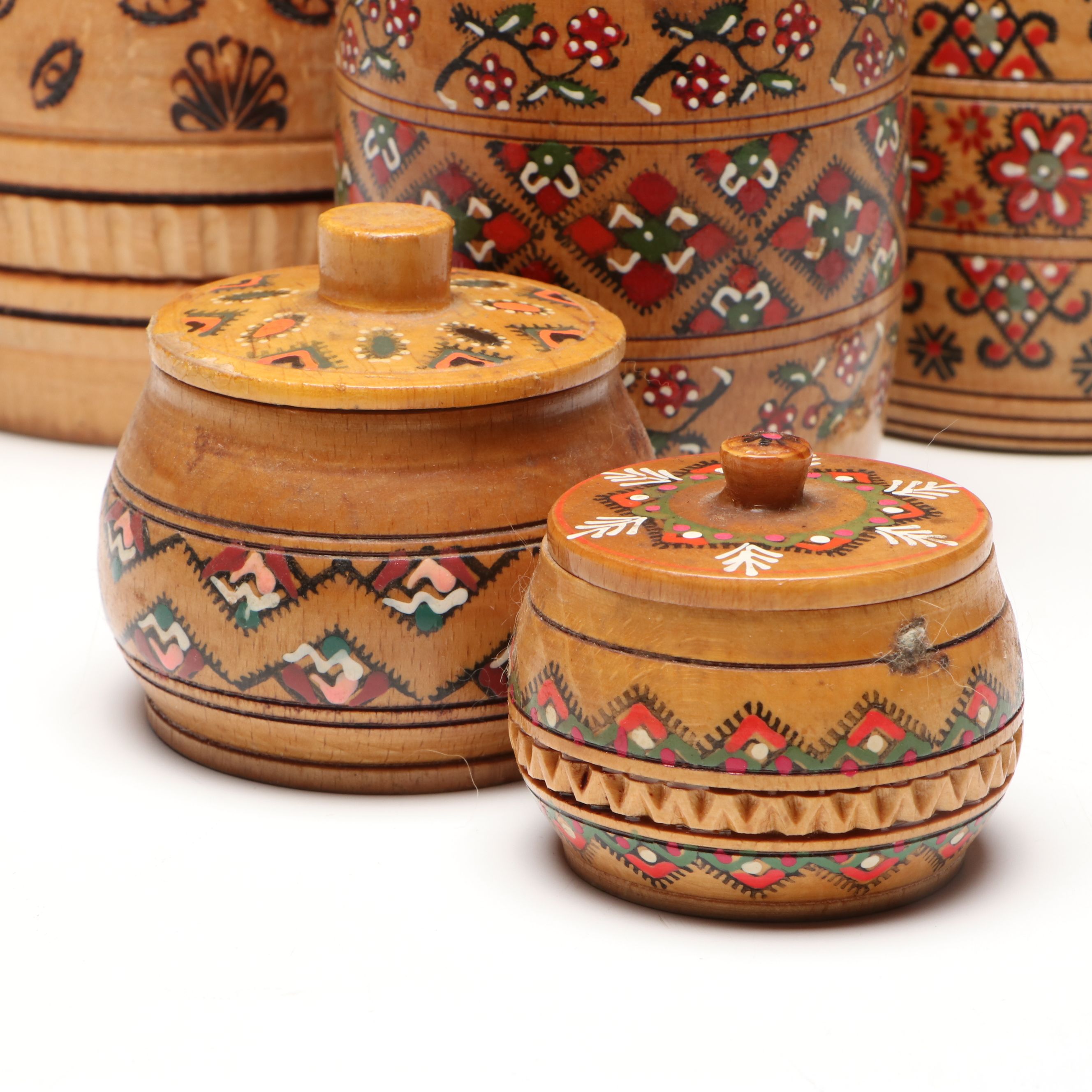 Slavic Folk Art Style Turned Wood Canisters