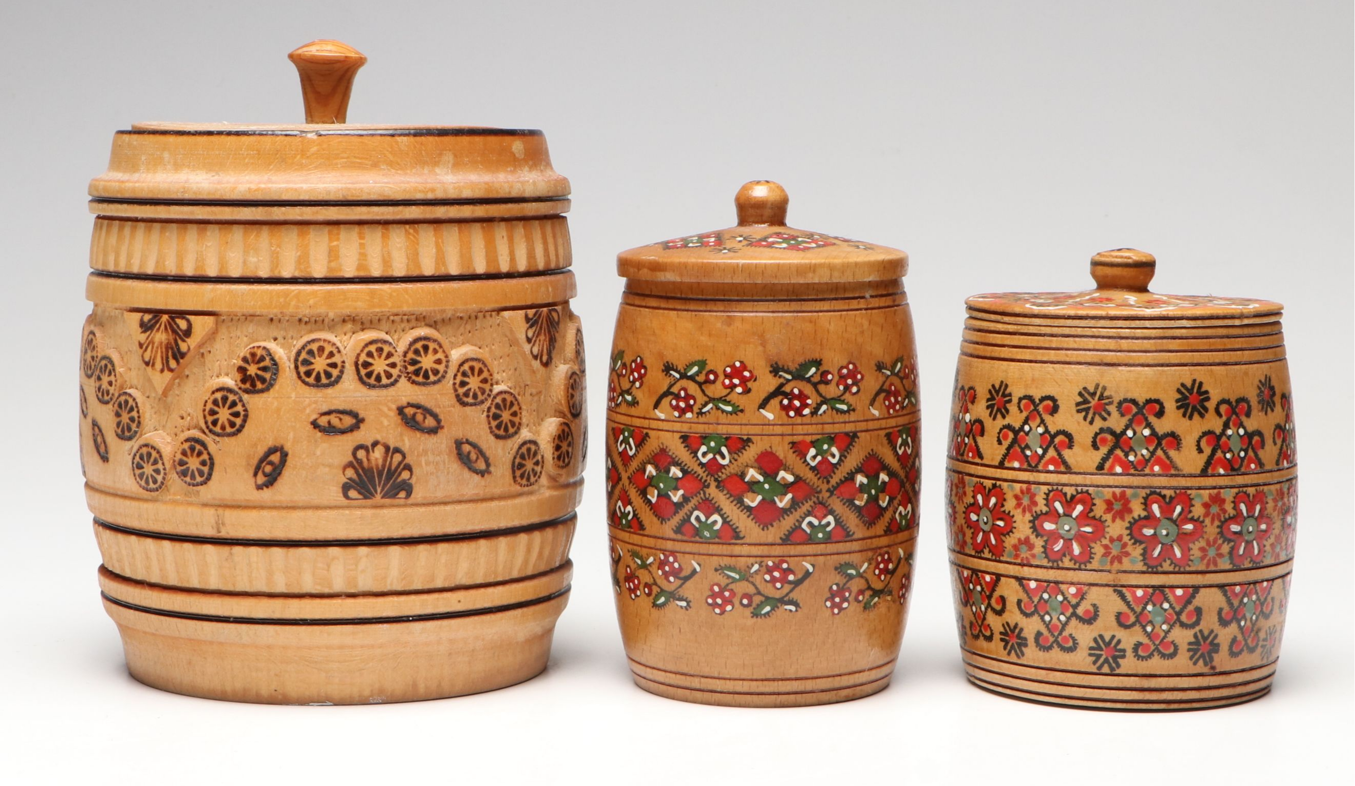 Slavic Folk Art Style Turned Wood Canisters