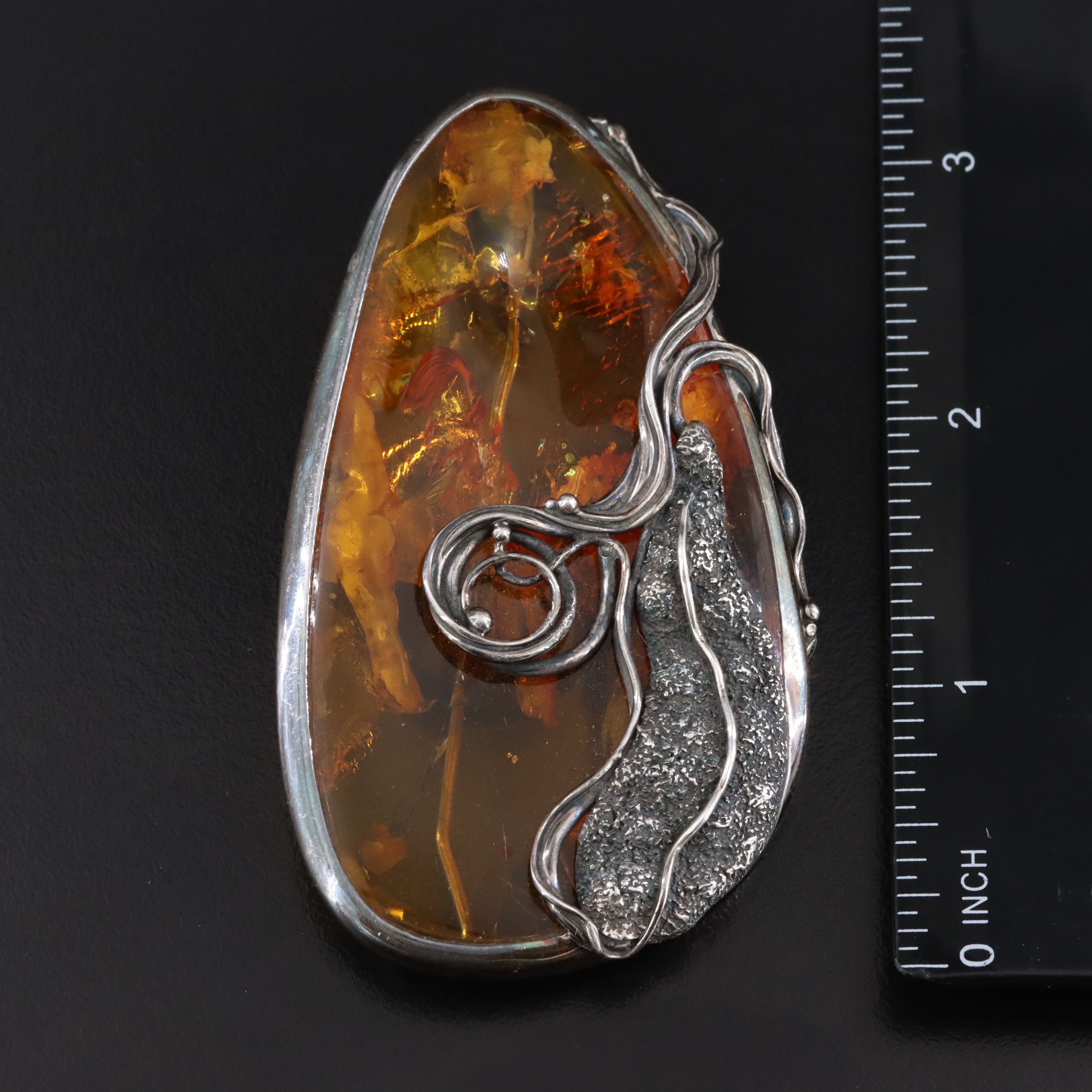 Amber and Copal Necklace and Sterling Brooches Including Bogdan Sawicki