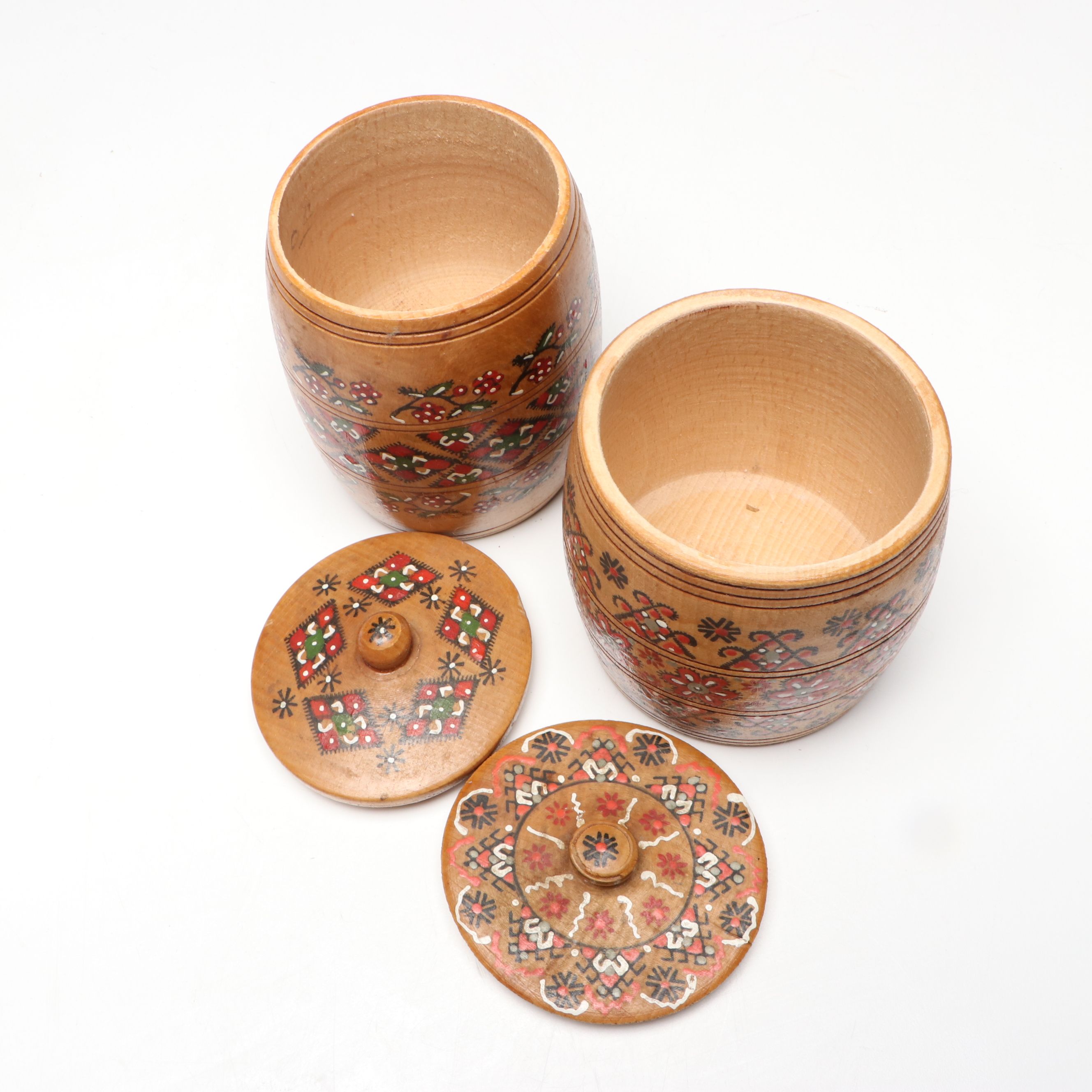 Slavic Folk Art Style Turned Wood Canisters