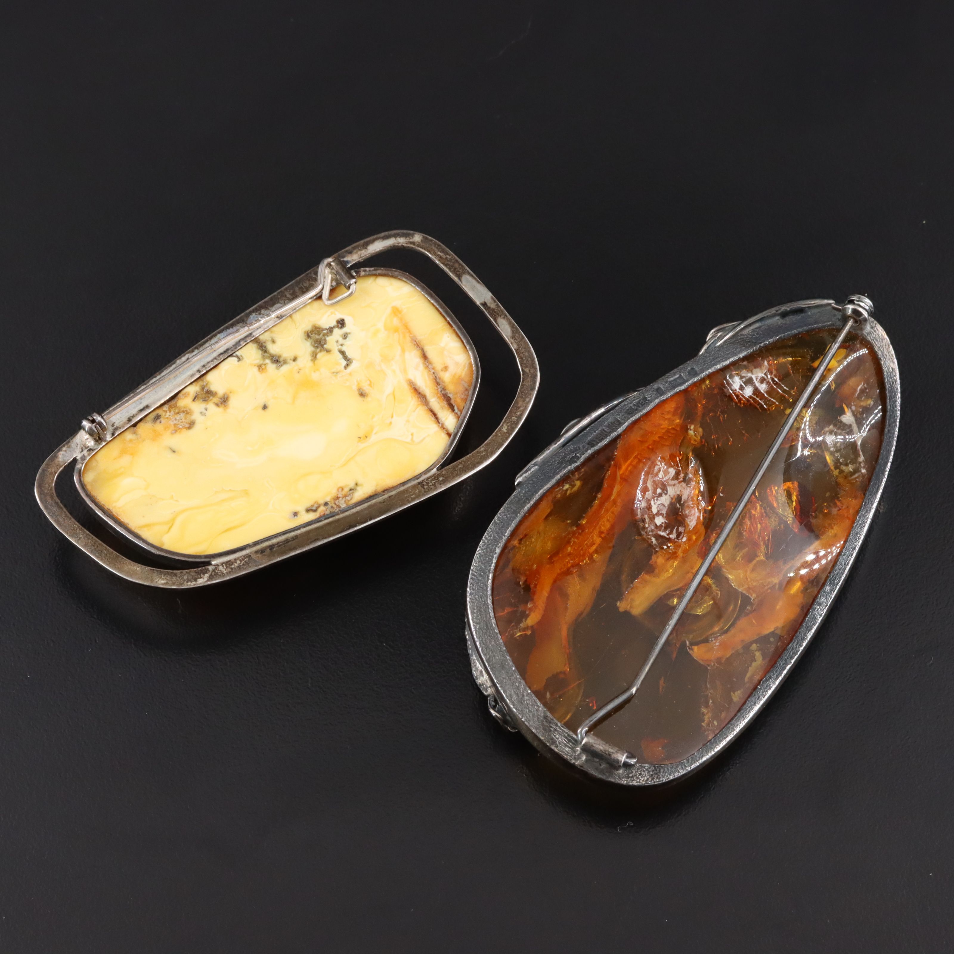 Amber and Copal Necklace and Sterling Brooches Including Bogdan Sawicki