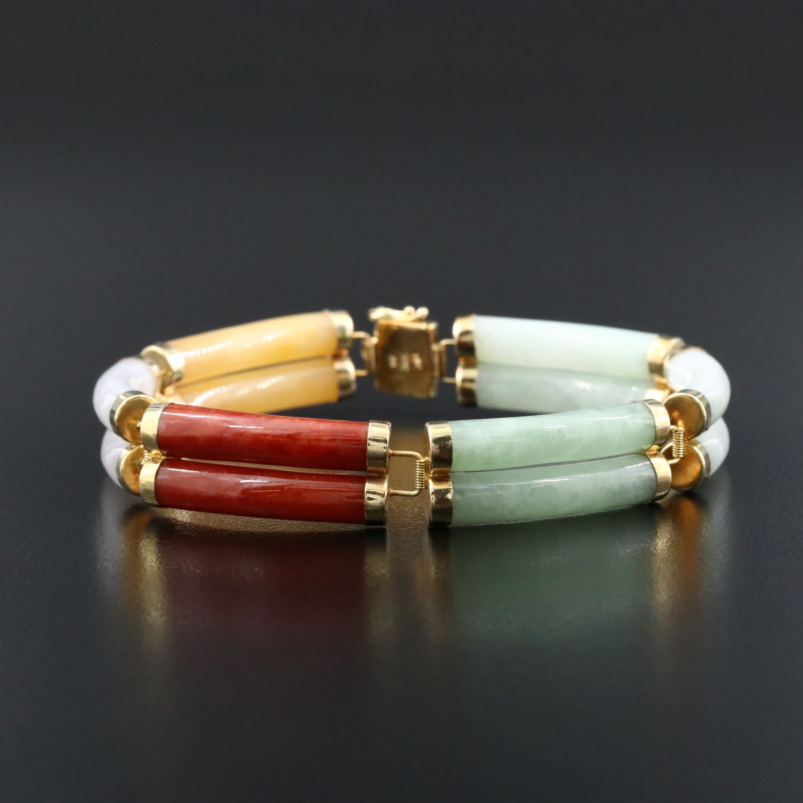 14K Multicolored Jadeite Bar Panel Bracelet  with  "Good Fortune" Clasp