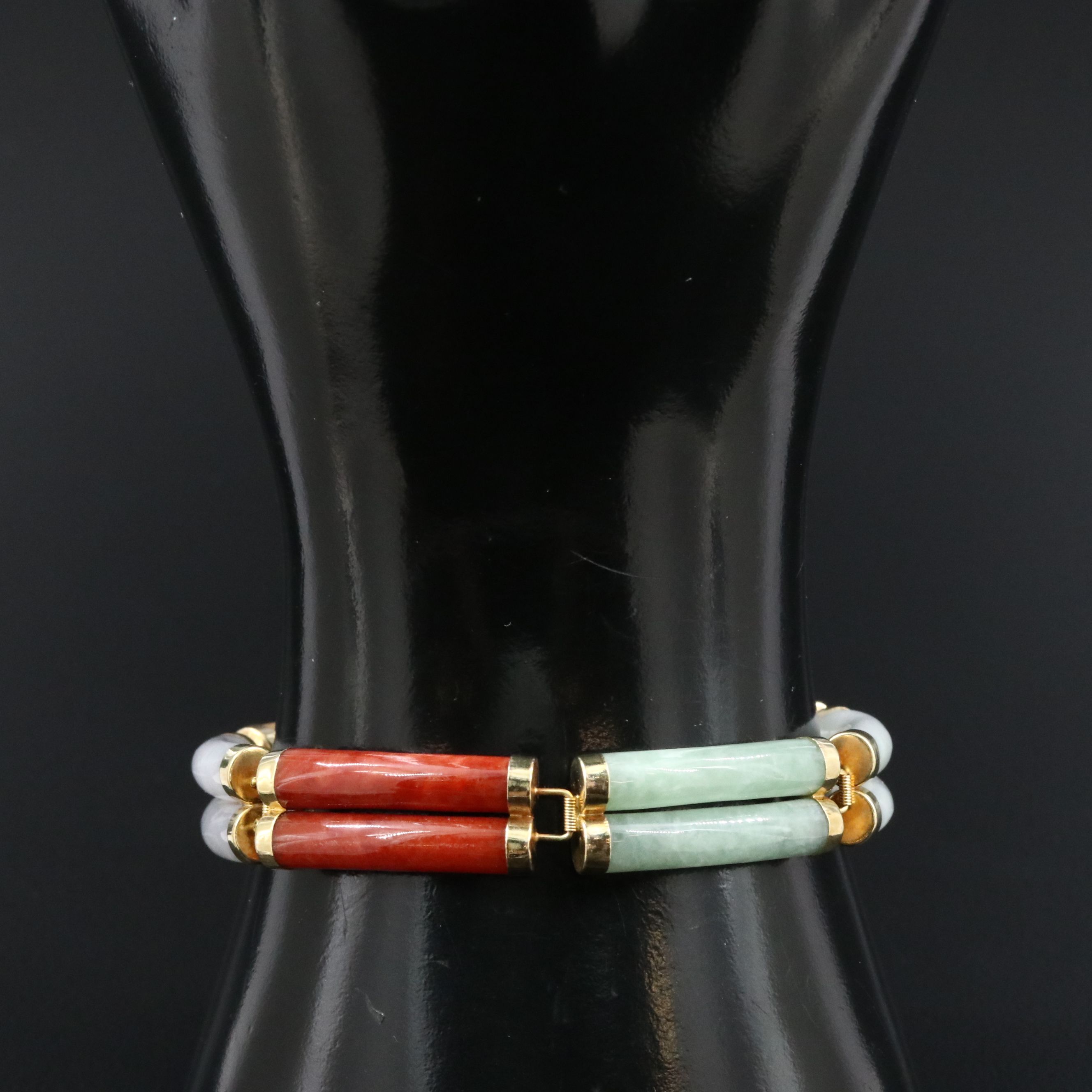 14K Multicolored Jadeite Bar Panel Bracelet  with  "Good Fortune" Clasp