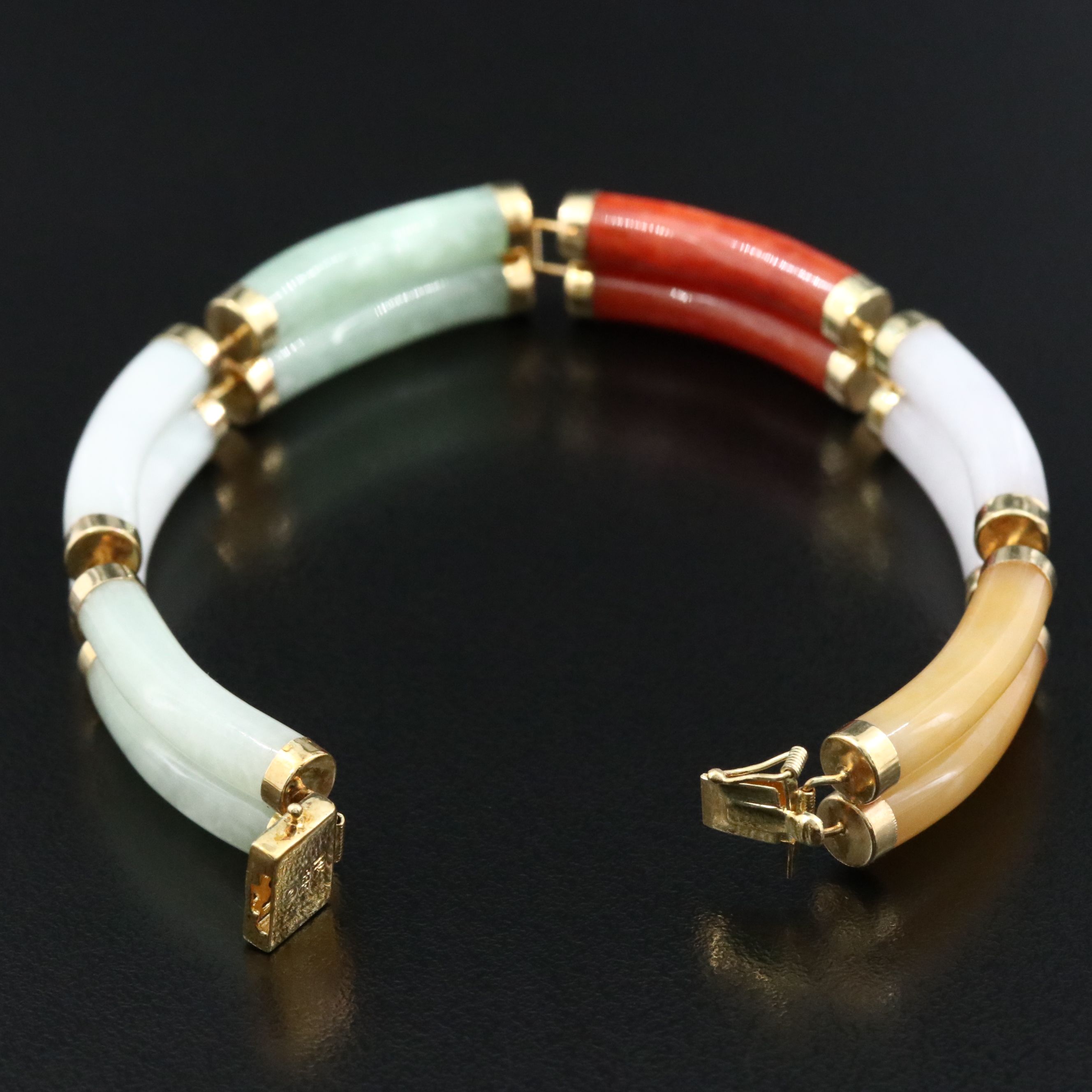 14K Multicolored Jadeite Bar Panel Bracelet  with  "Good Fortune" Clasp