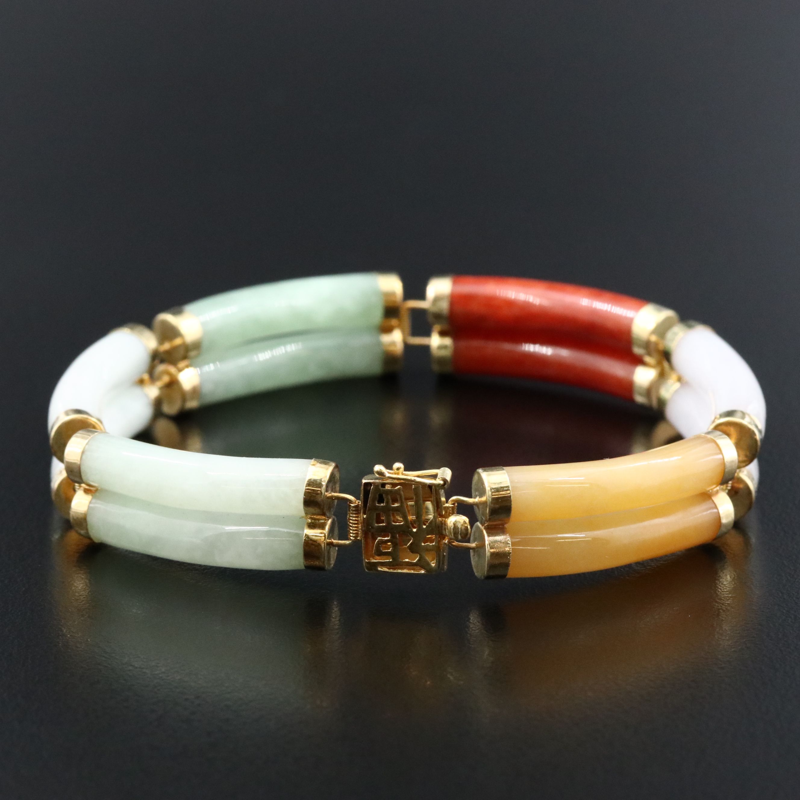 14K Multicolored Jadeite Bar Panel Bracelet  with  "Good Fortune" Clasp