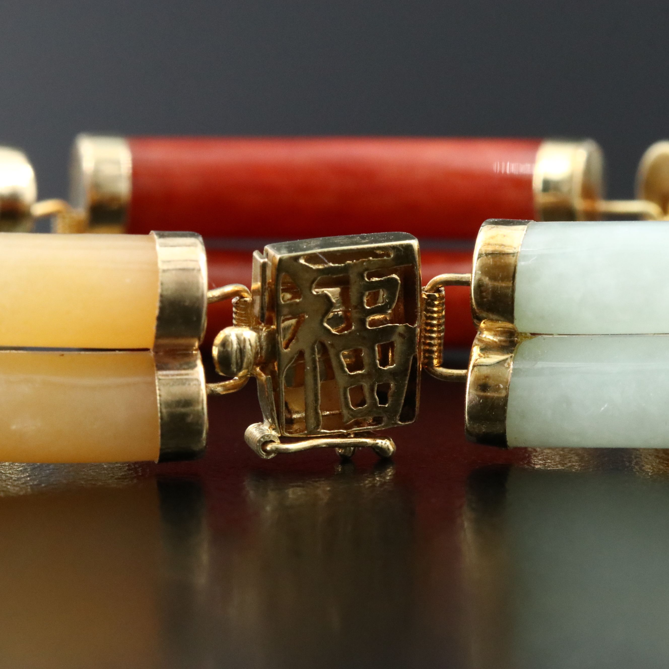 14K Multicolored Jadeite Bar Panel Bracelet  with  "Good Fortune" Clasp