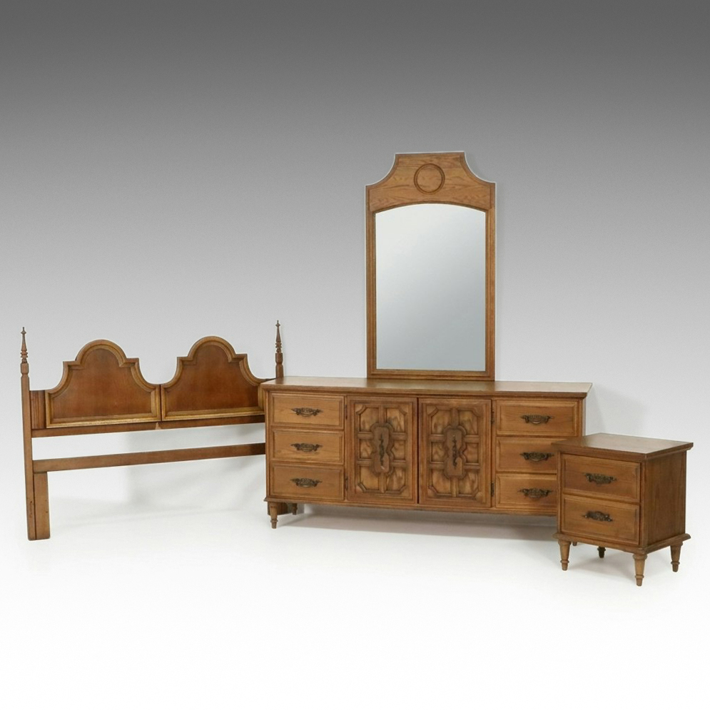 Mediterranean Revival Pecan Bedroom Suite, 1968