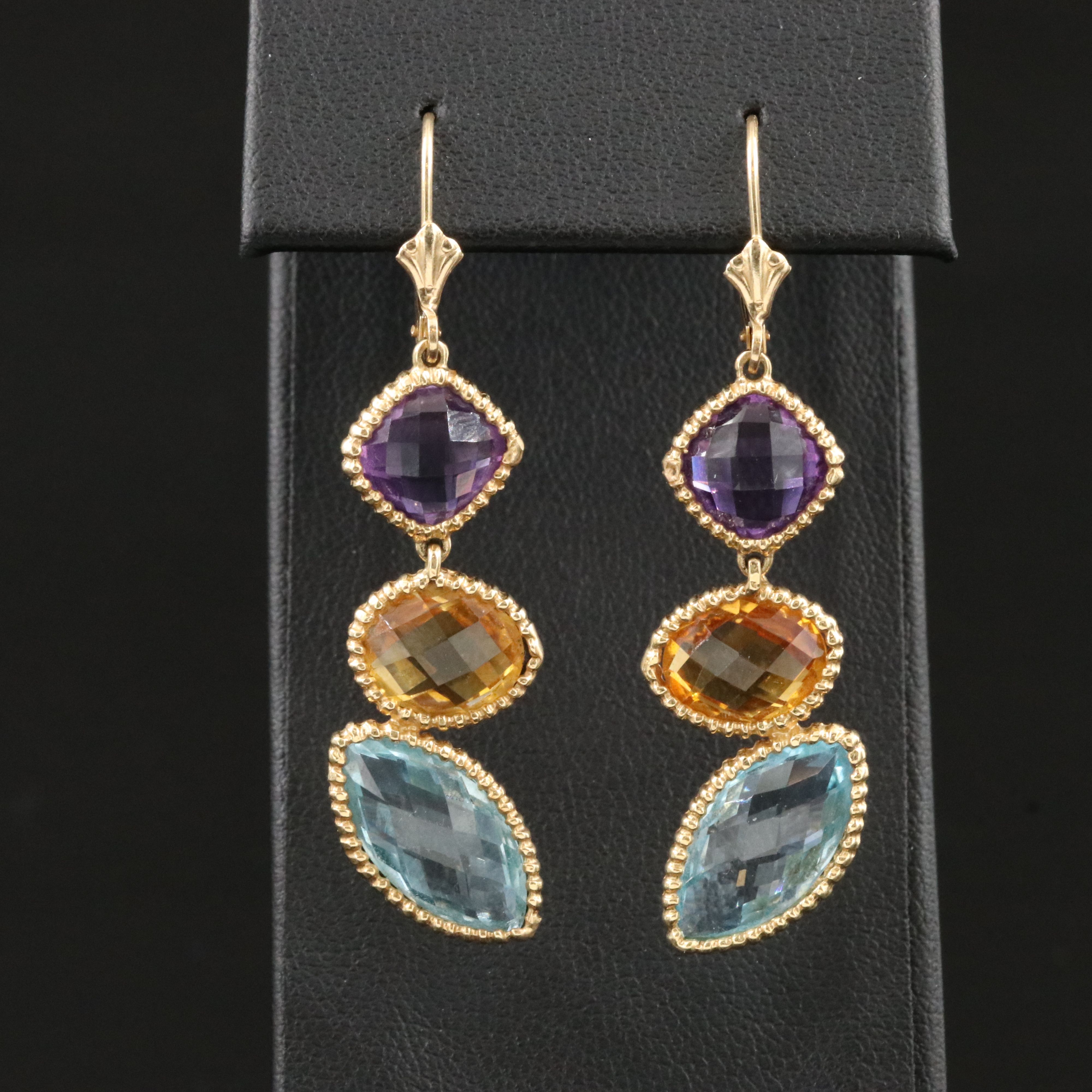 14K Amethyst, Citrine, and Blue Topaz Drop Earrings