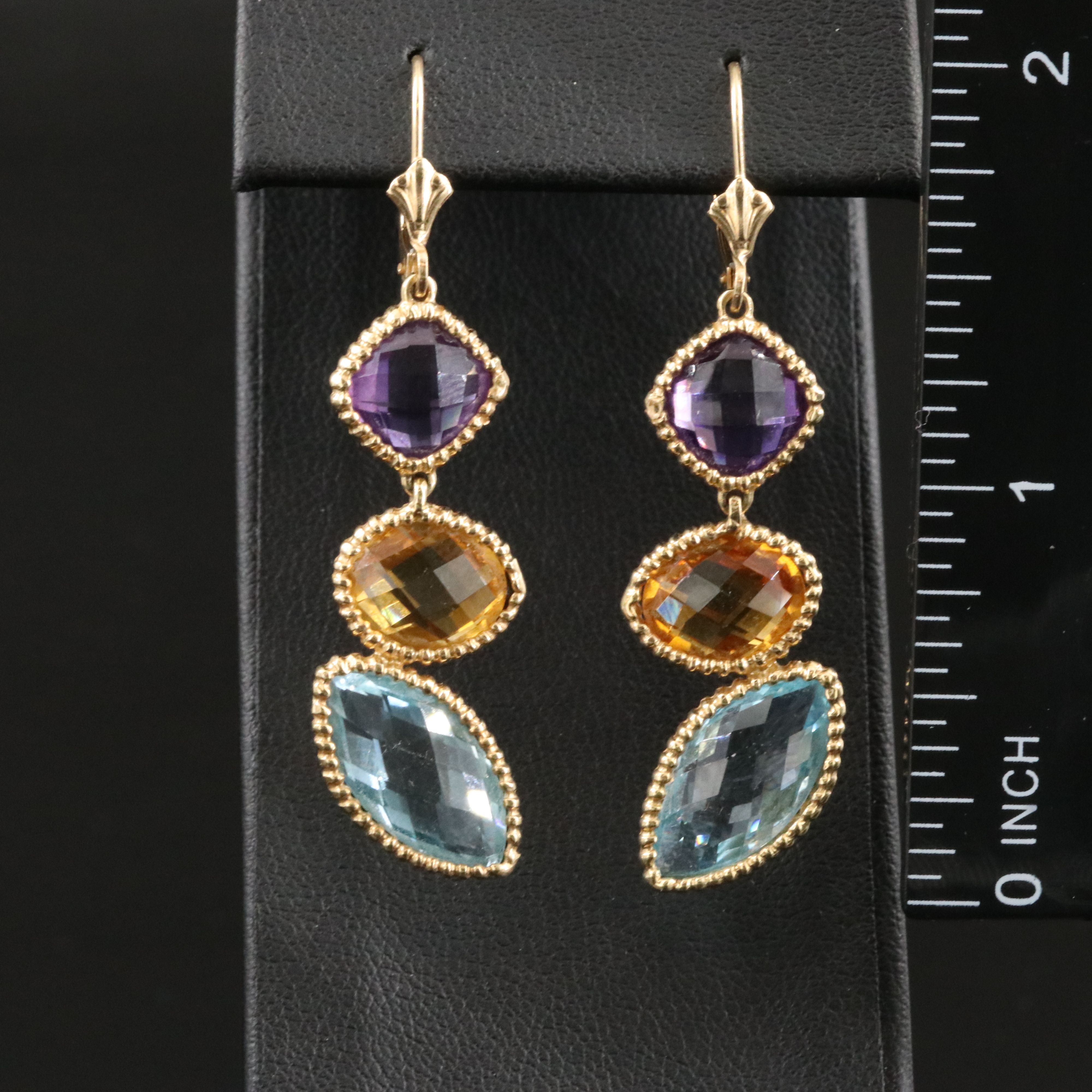 14K Amethyst, Citrine, and Blue Topaz Drop Earrings