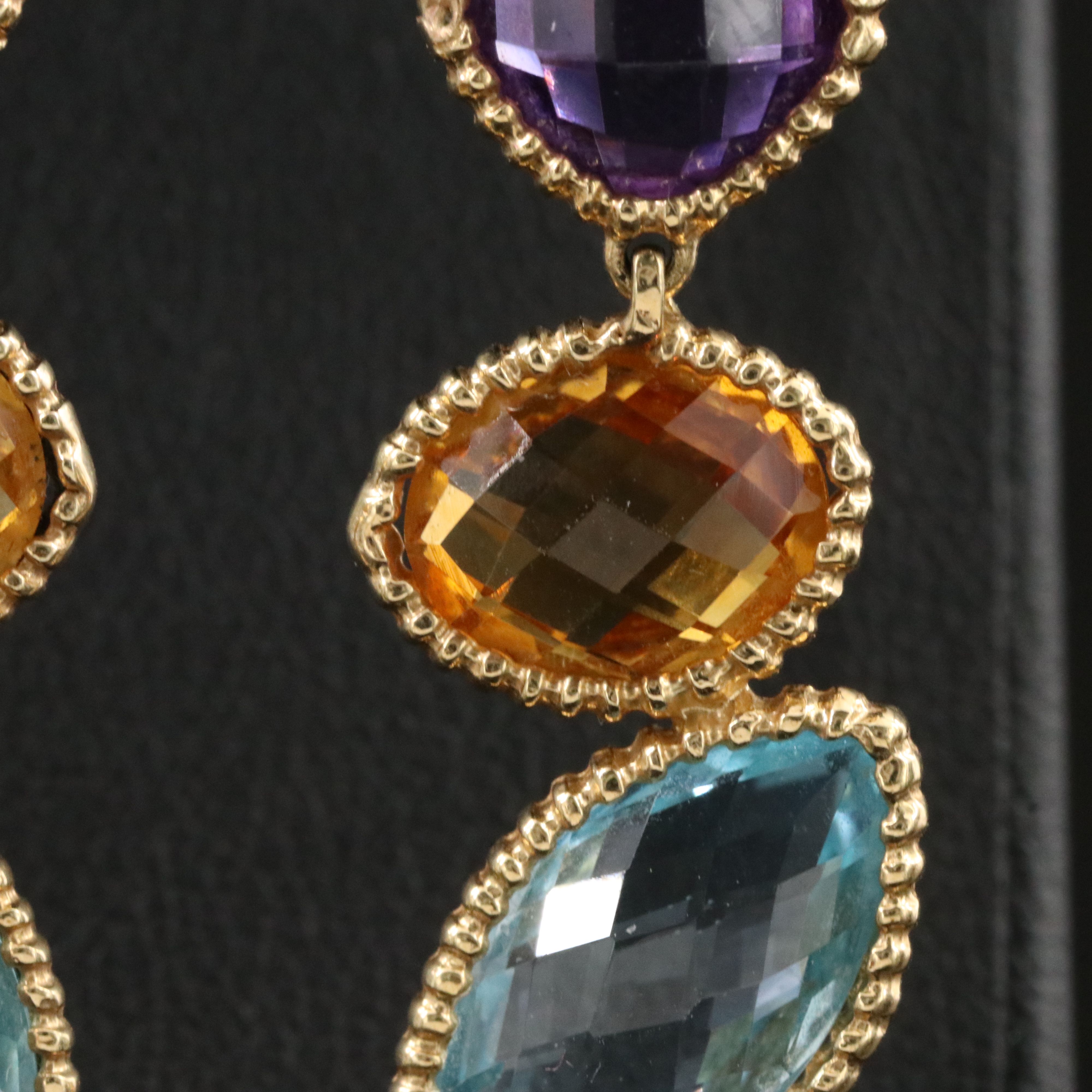 14K Amethyst, Citrine, and Blue Topaz Drop Earrings