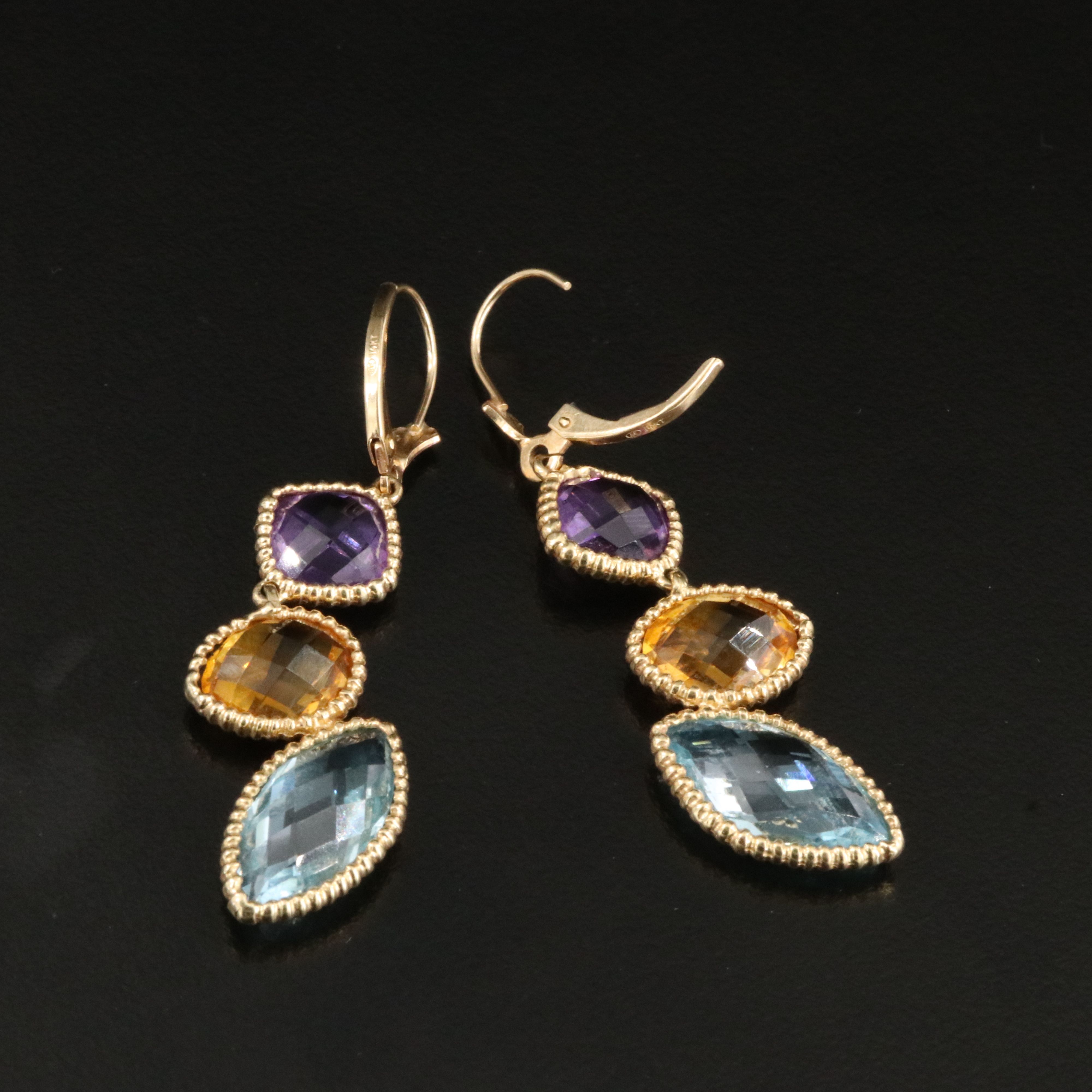 14K Amethyst, Citrine, and Blue Topaz Drop Earrings