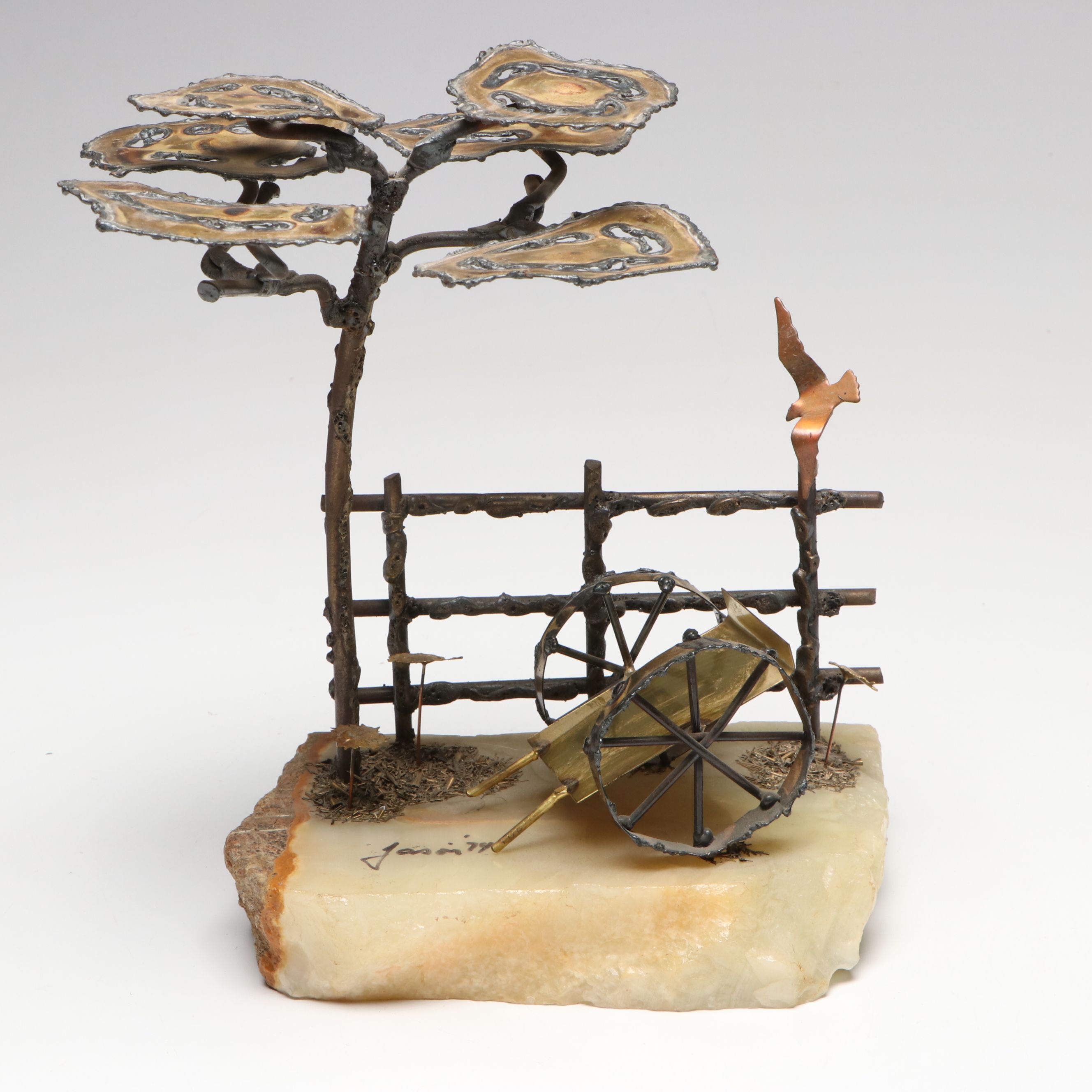 Mario Jason Metal Sculpture on Stone Base with Carved Stone Bird Figurines