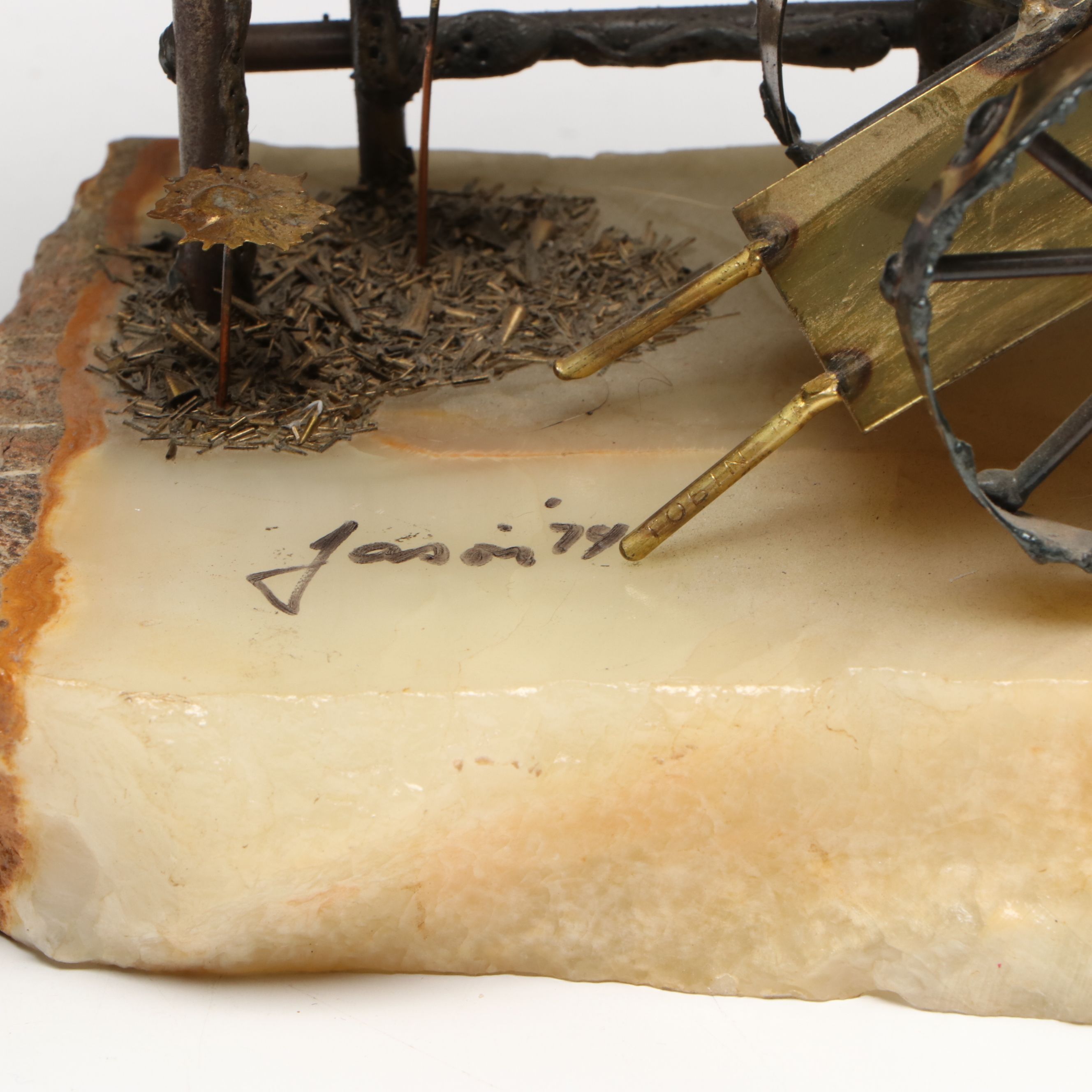 Mario Jason Metal Sculpture on Stone Base with Carved Stone Bird Figurines