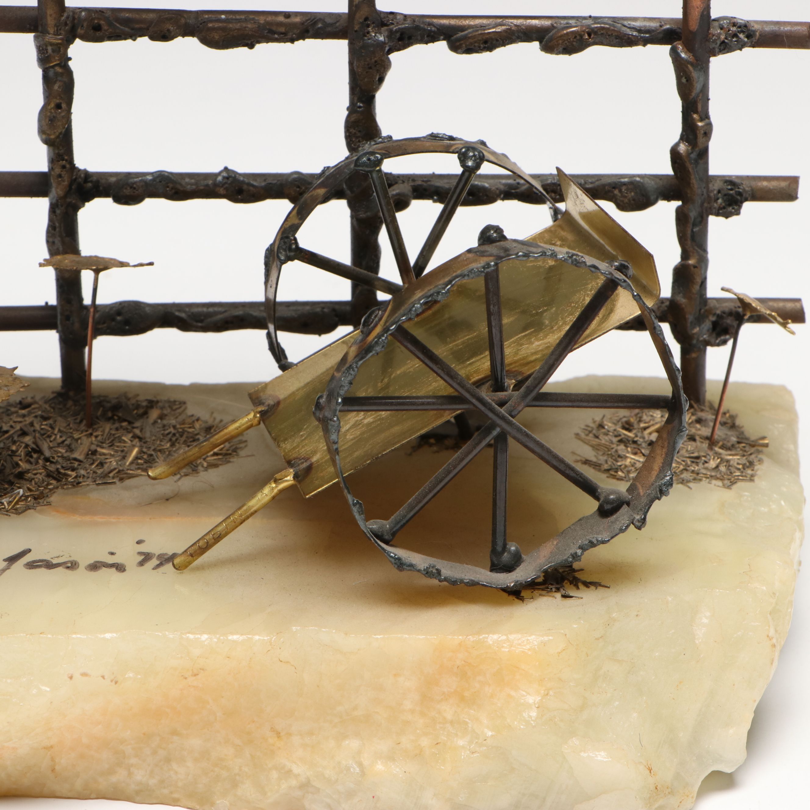 Mario Jason Metal Sculpture on Stone Base with Carved Stone Bird Figurines