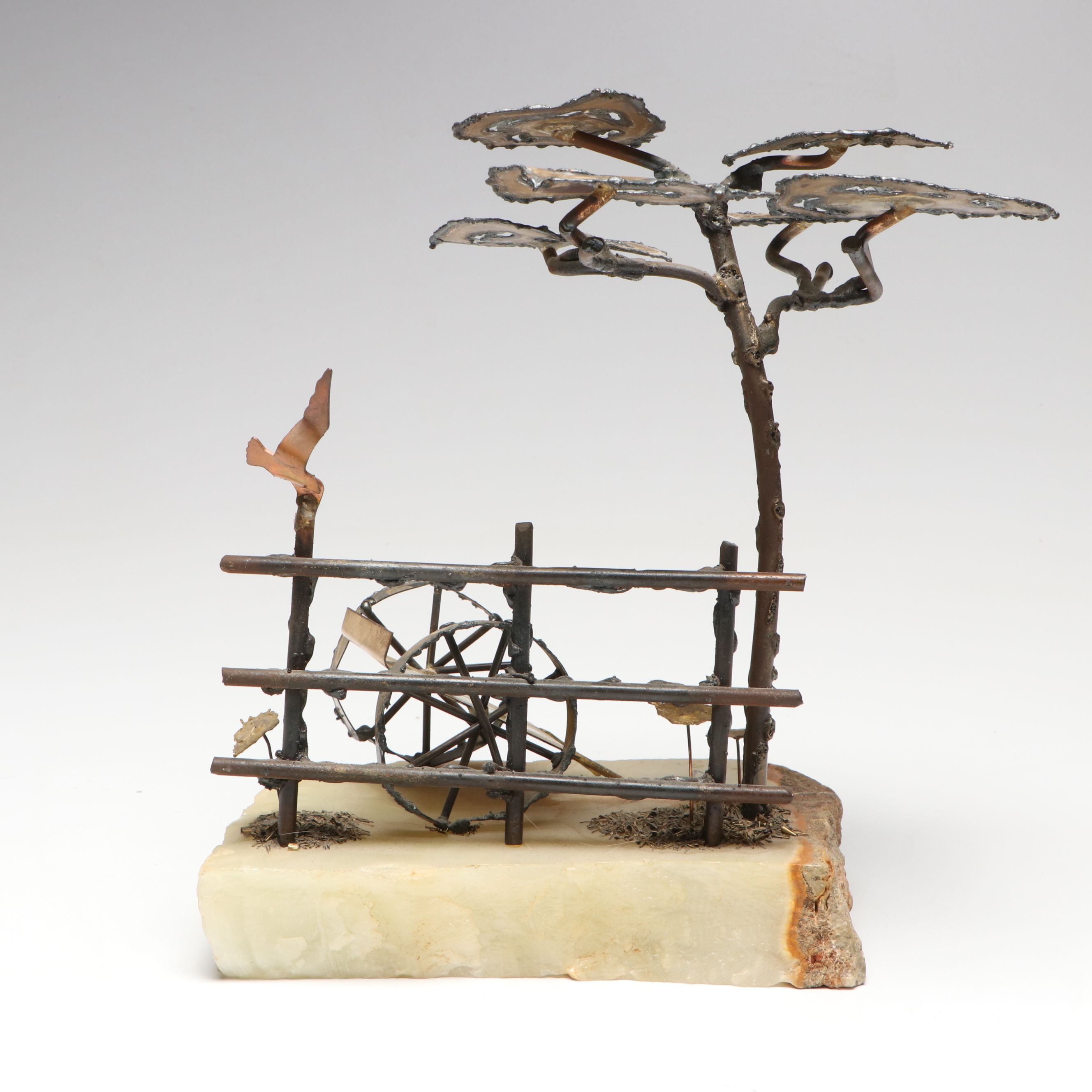 Mario Jason Metal Sculpture on Stone Base with Carved Stone Bird Figurines