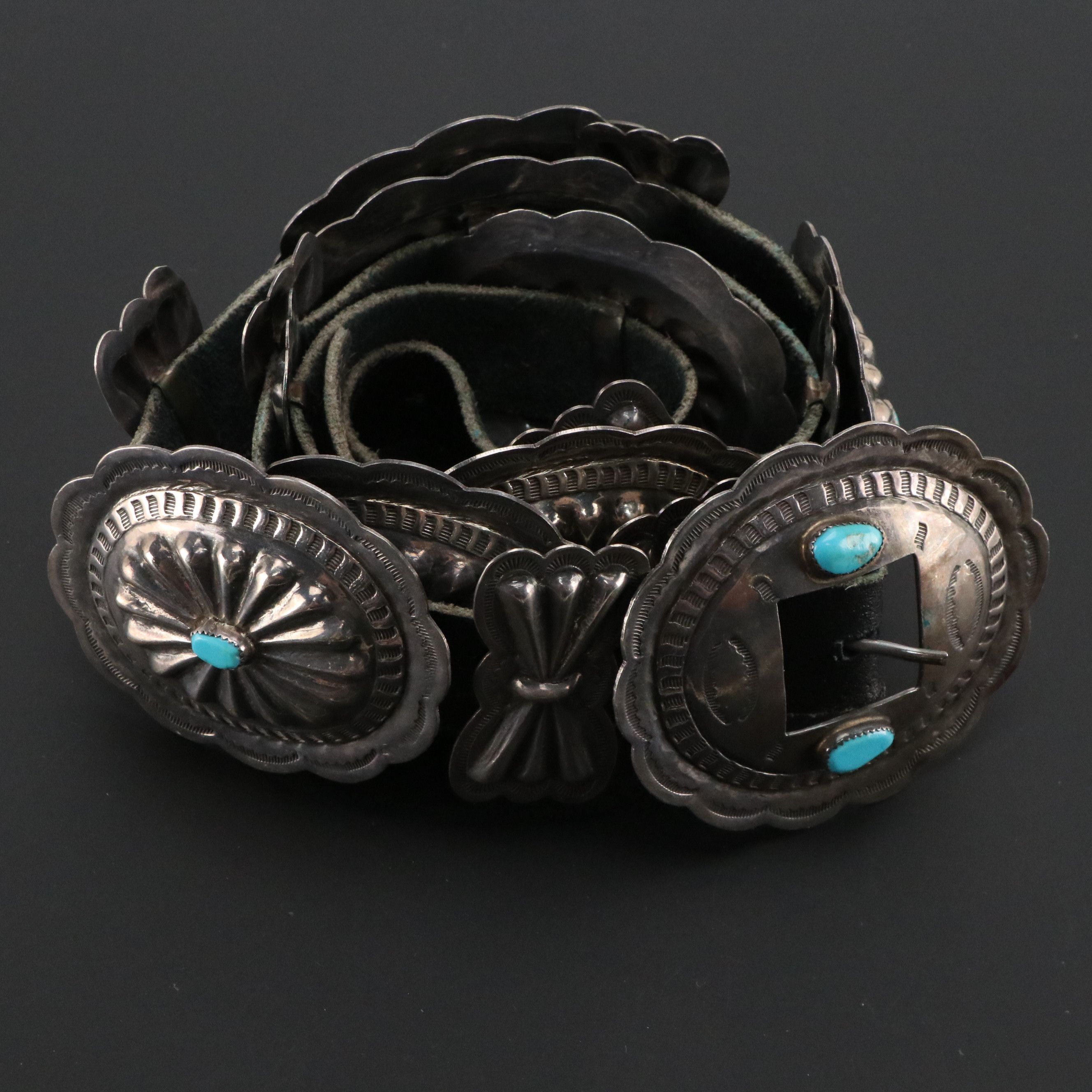 Signed Navajo Diné Sterling Turquoise Concho Belt