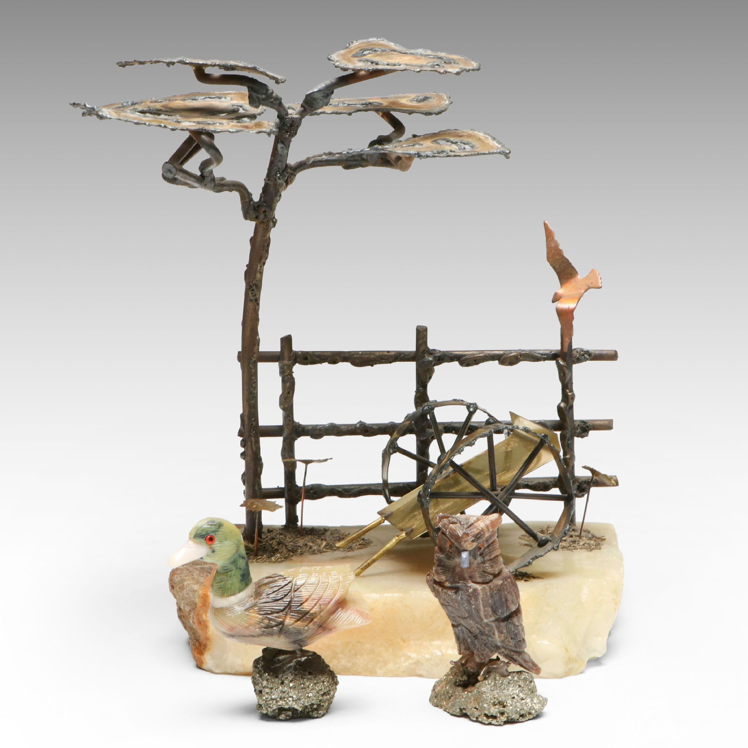 Mario Jason Metal Sculpture on Stone Base with Carved Stone Bird Figurines