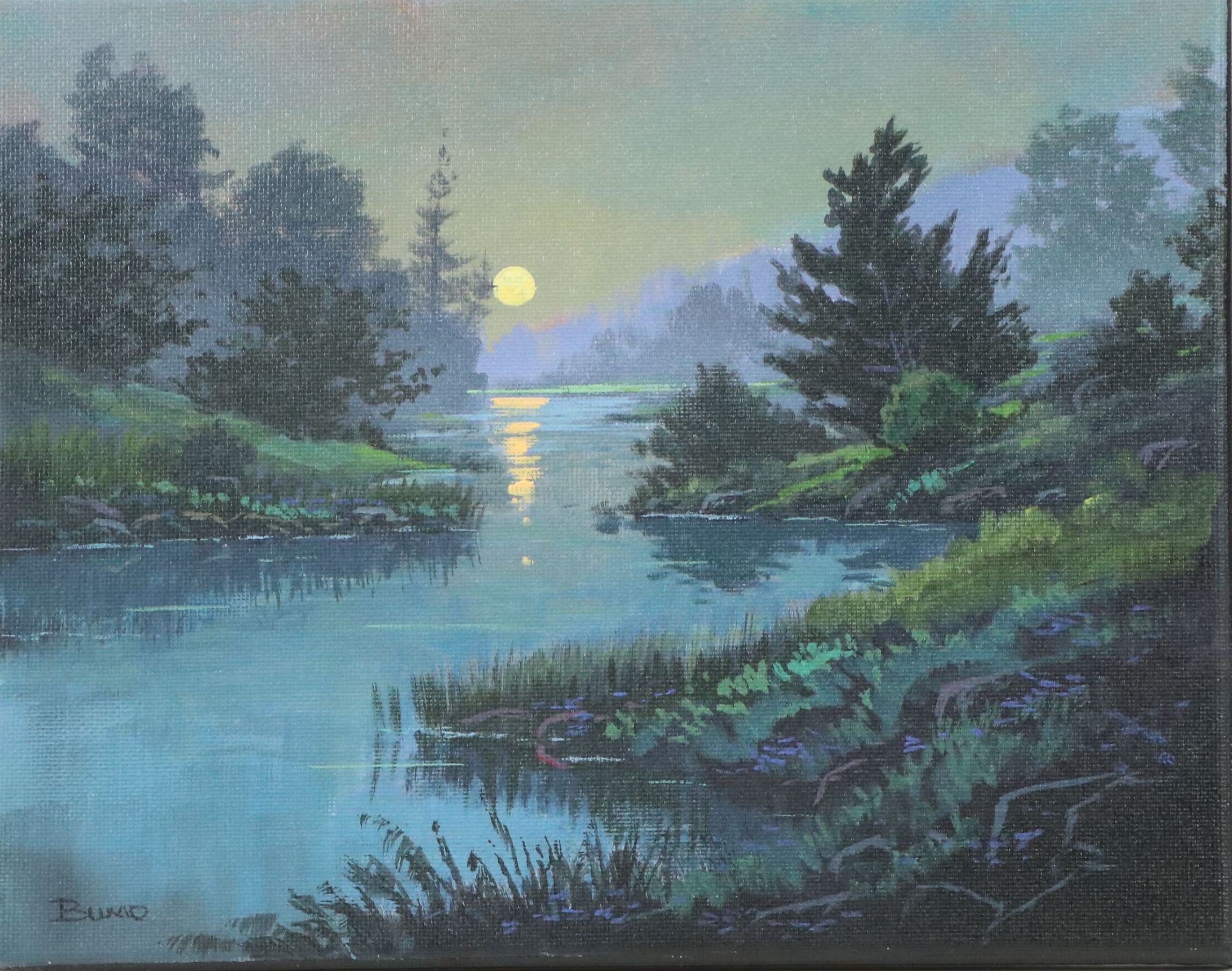Douglas "Bumo" Johnpeer Acrylic Painting of Nocturne Landscape