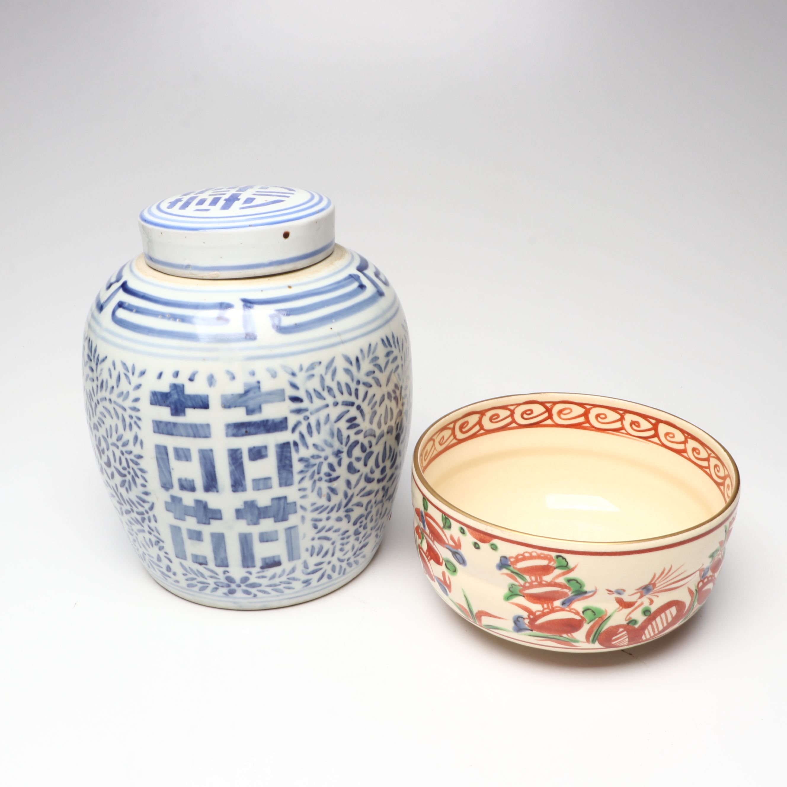 Chinese Blue and White Ceramic Ginger Jar with Other Enameled Polychrome Bowl