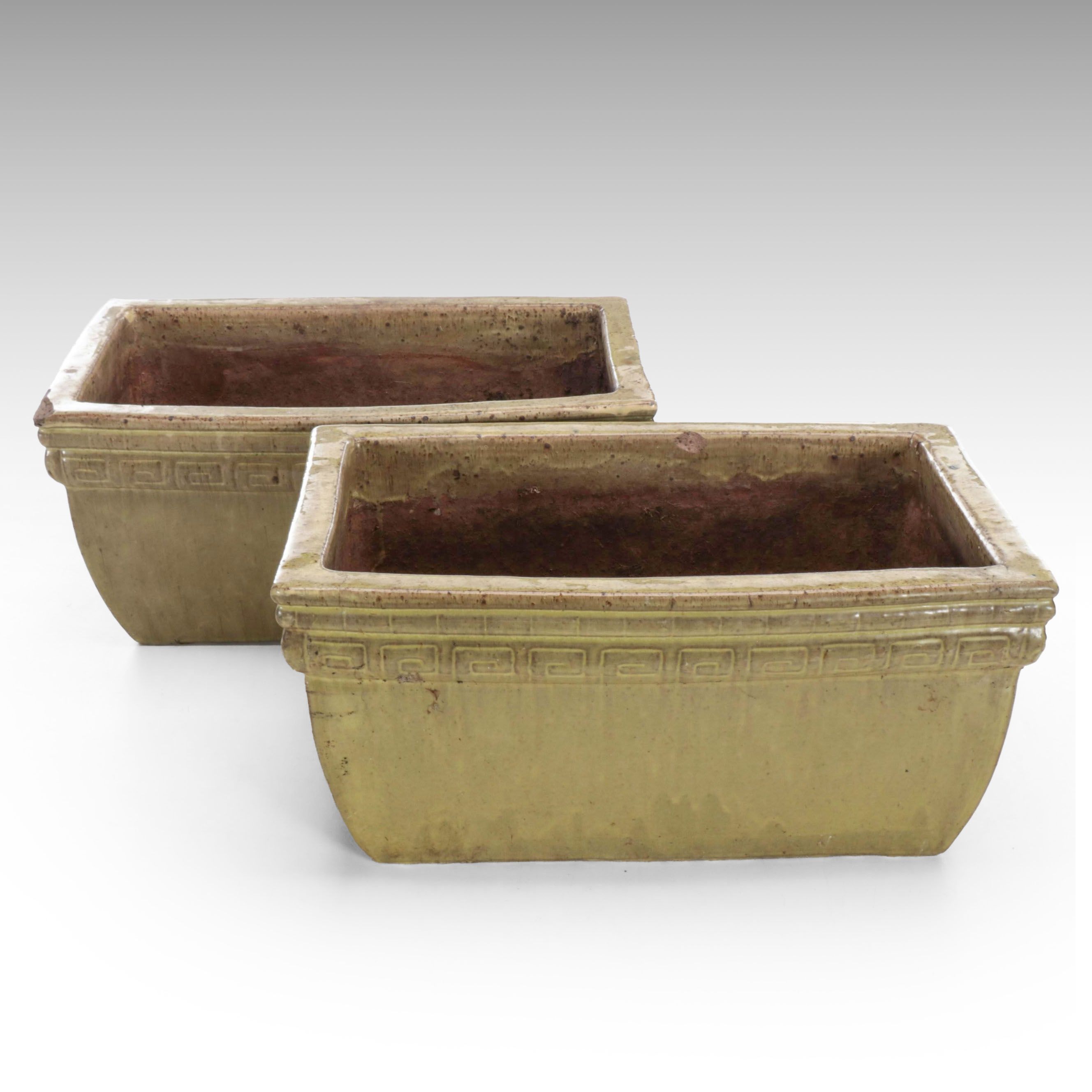Rectangular Greek Key Accented Drip Glaze Ceramic Planters