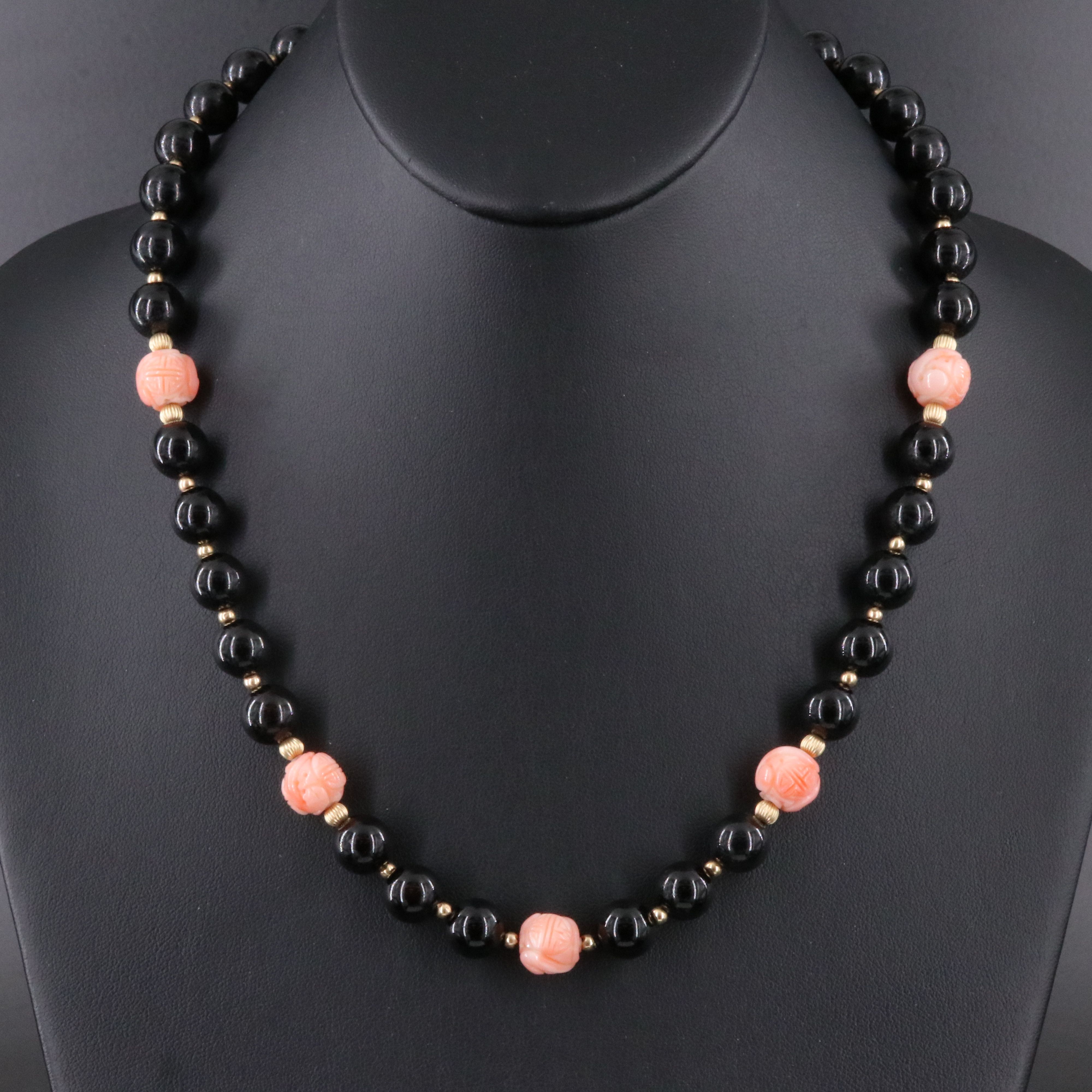 Black Onyx and Carved Coral Longevity Station Necklace w/ 14K Clasp & Spacers