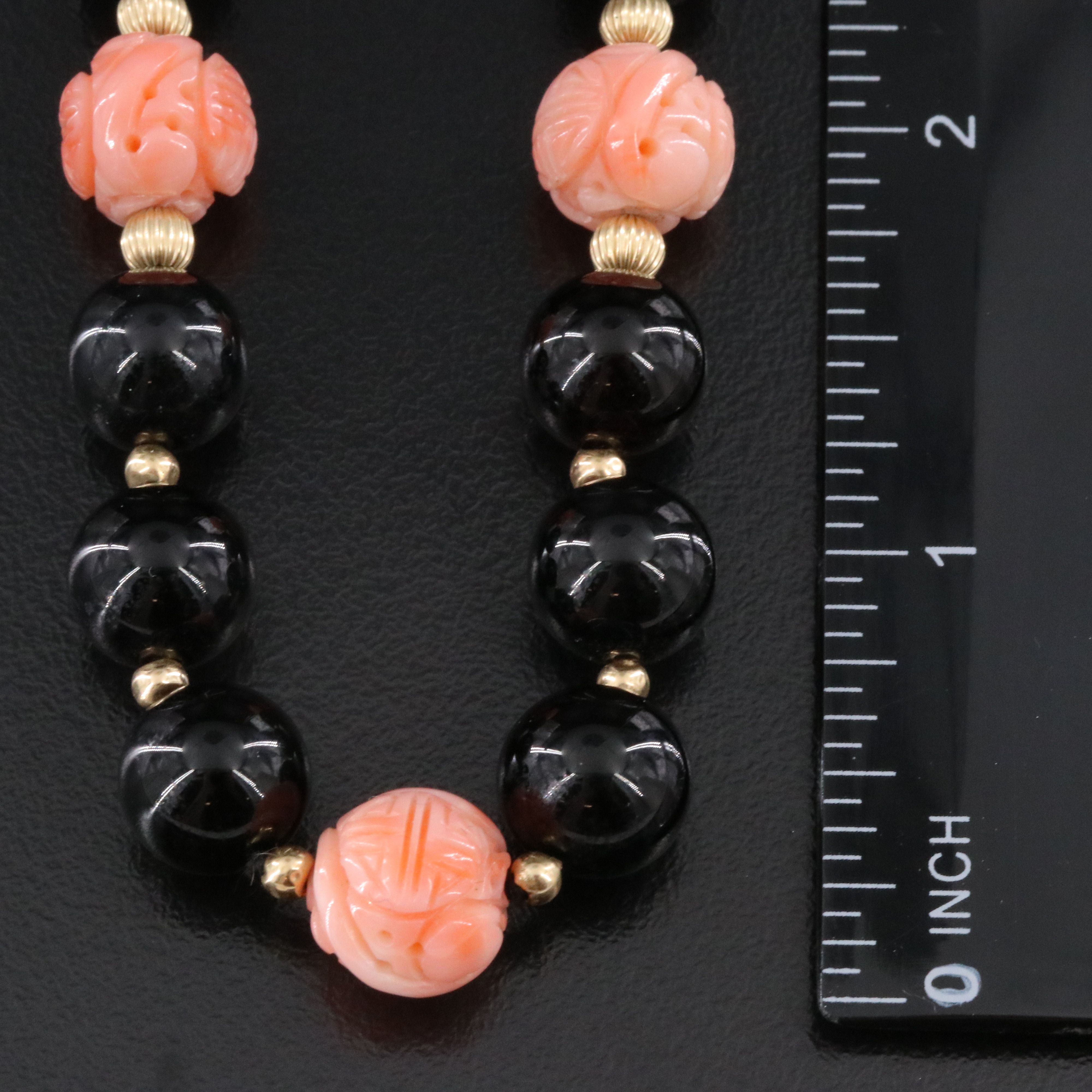 Black Onyx and Carved Coral Longevity Station Necklace w/ 14K Clasp & Spacers