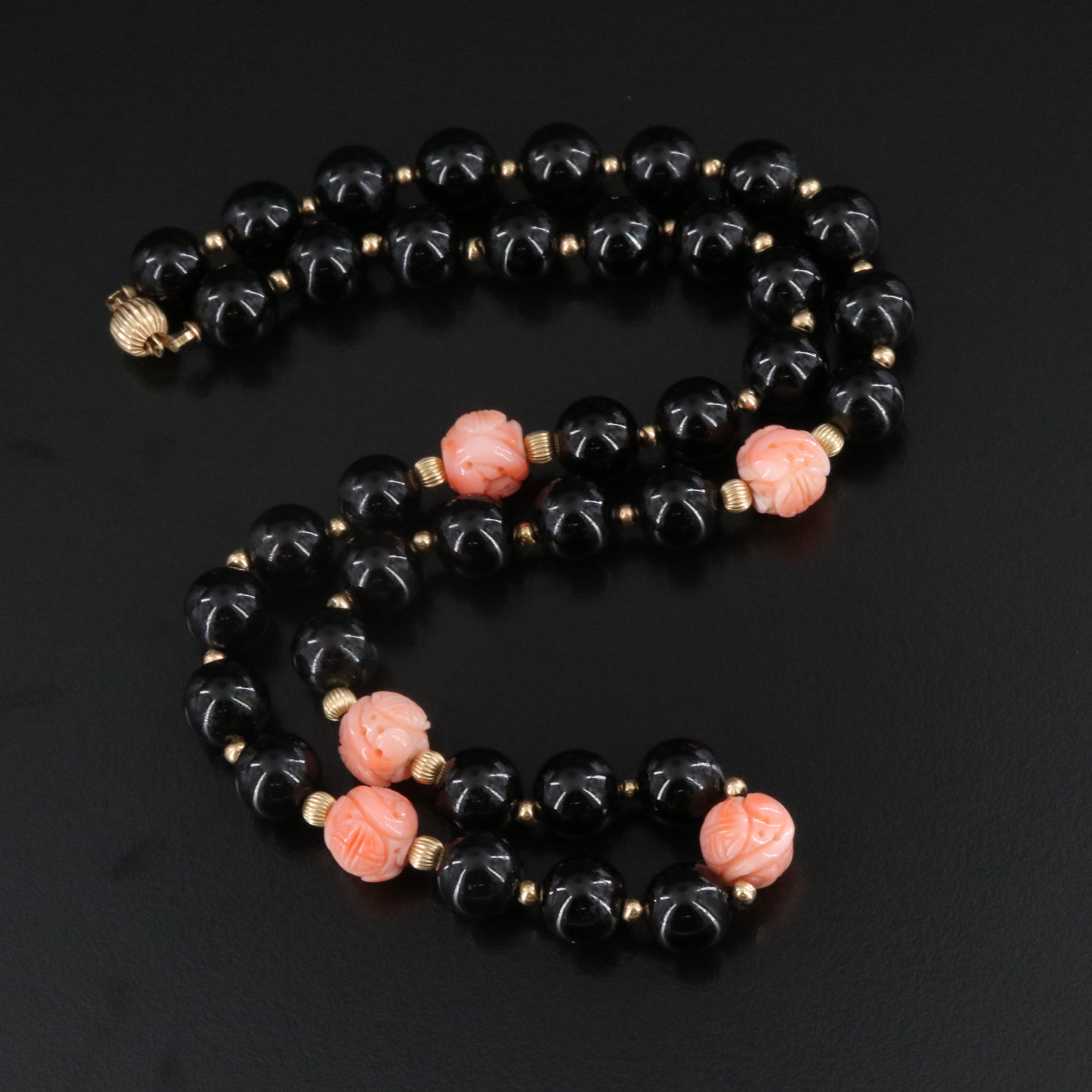 Black Onyx and Carved Coral Longevity Station Necklace w/ 14K Clasp & Spacers