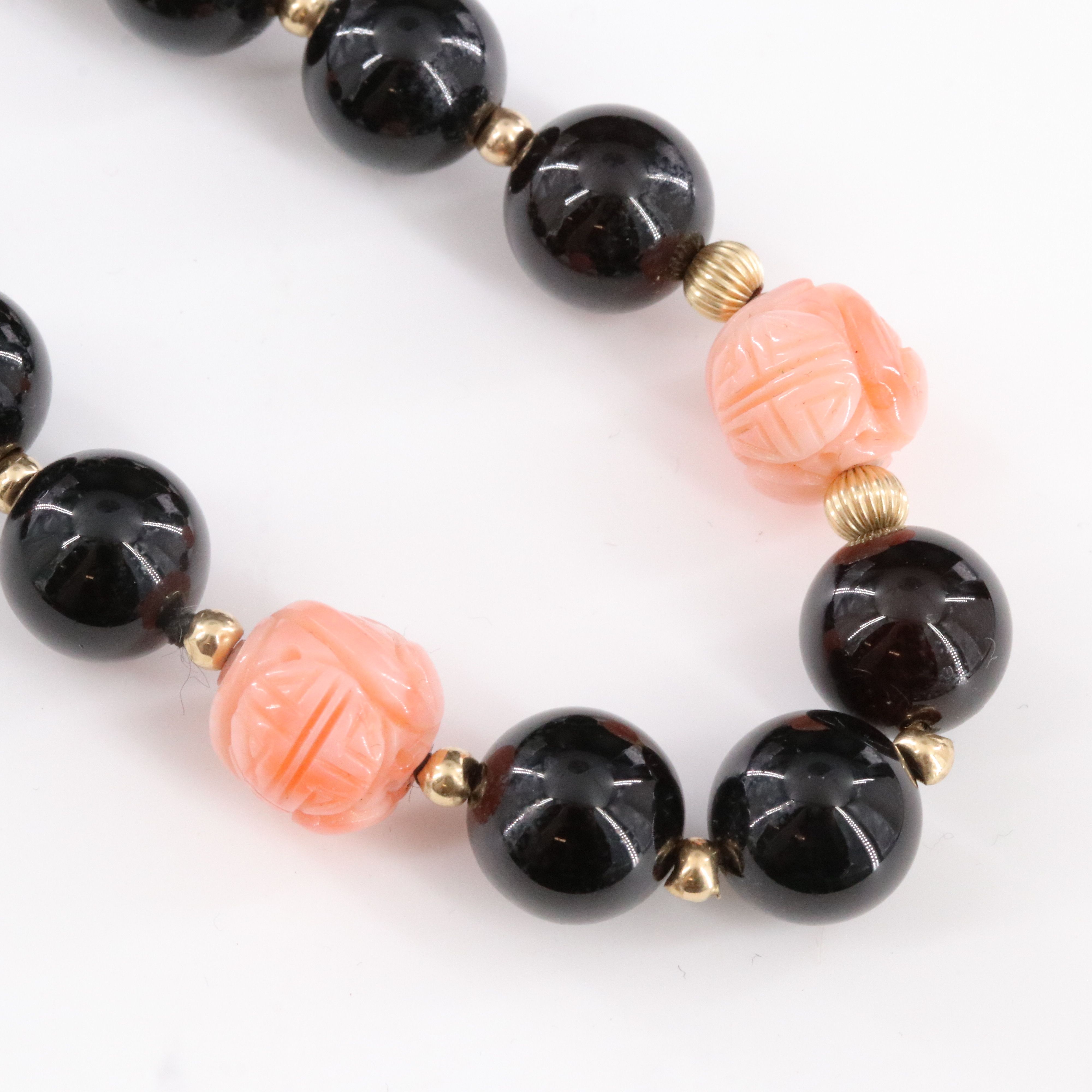Black Onyx and Carved Coral Longevity Station Necklace w/ 14K Clasp & Spacers