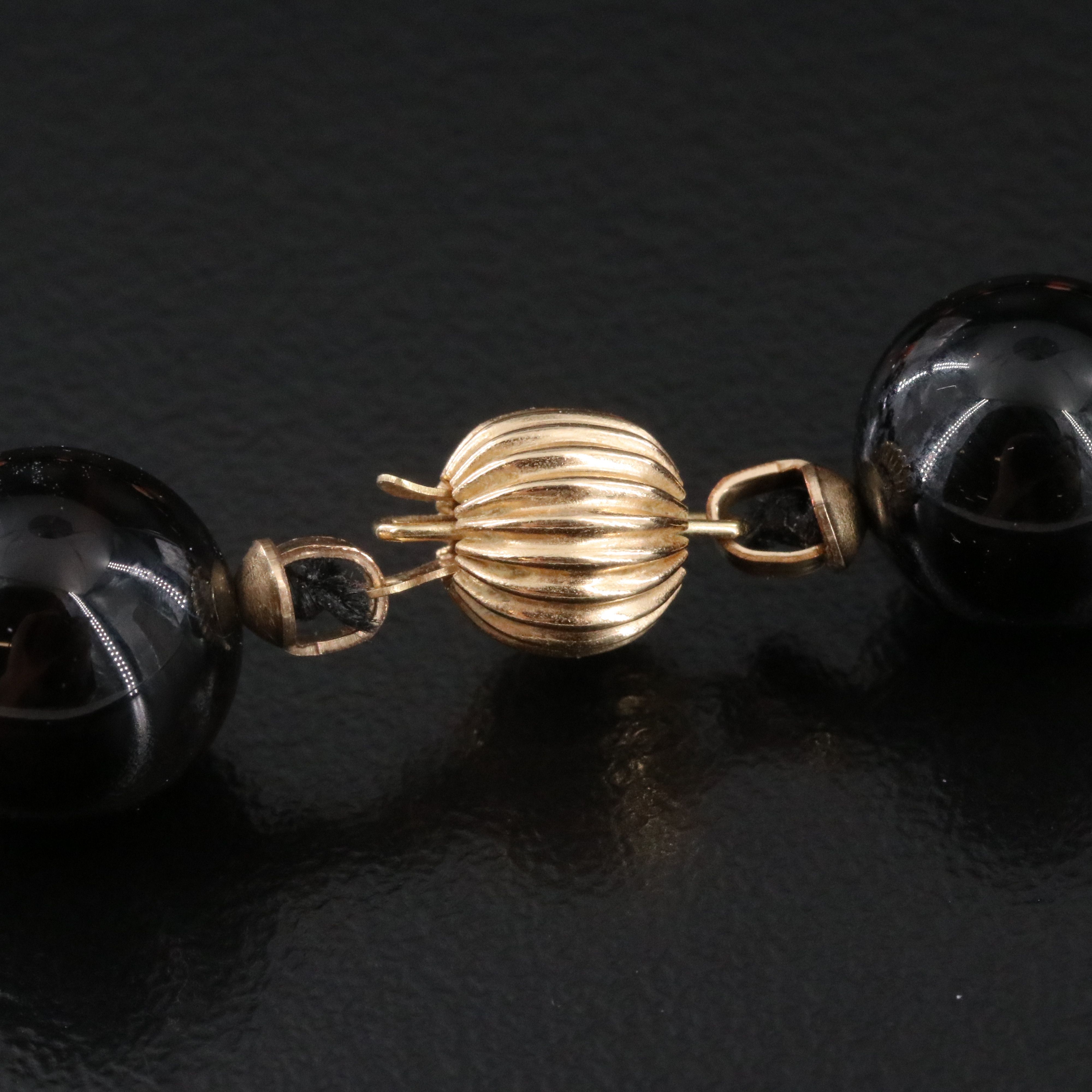 Black Onyx and Carved Coral Longevity Station Necklace w/ 14K Clasp & Spacers