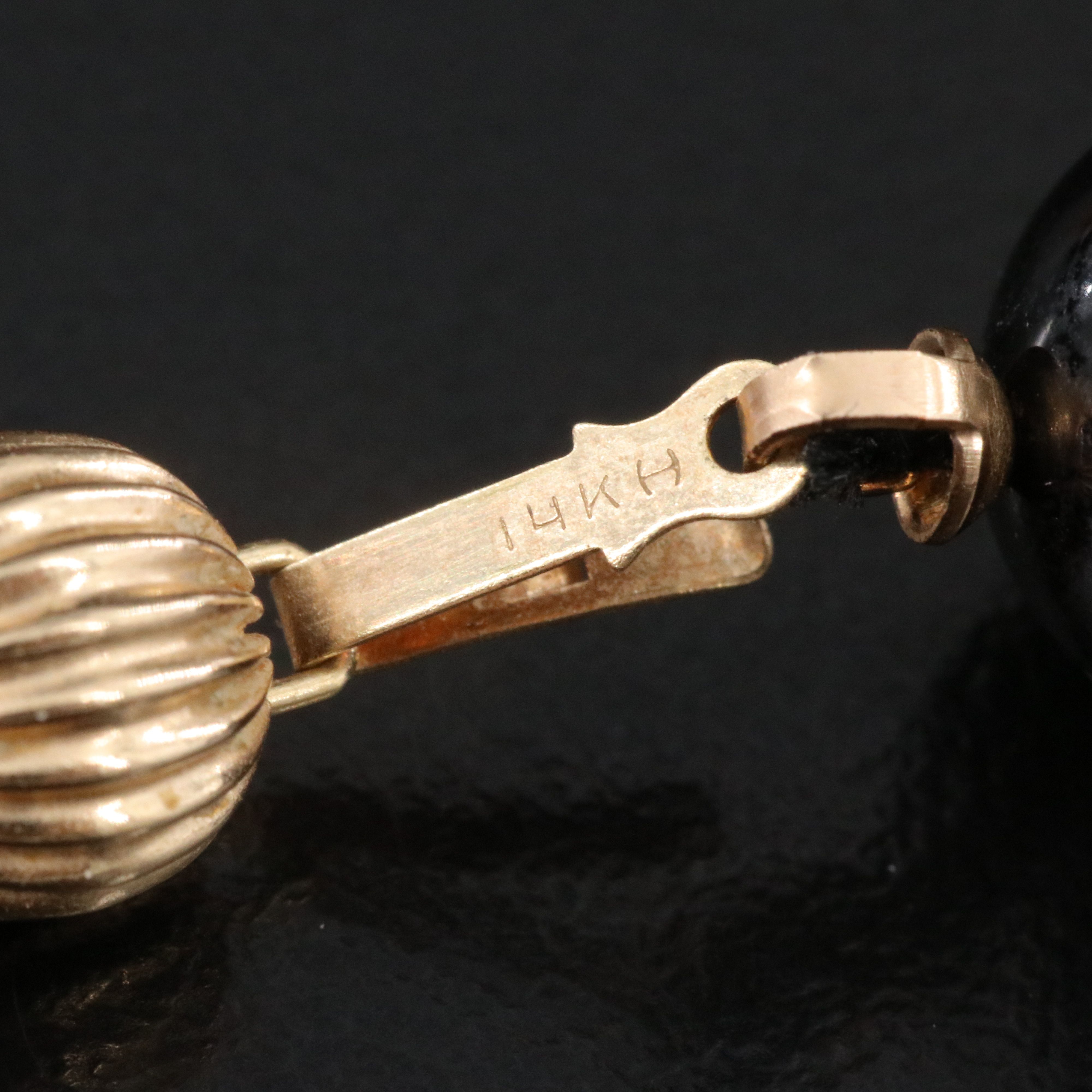 Black Onyx and Carved Coral Longevity Station Necklace w/ 14K Clasp & Spacers