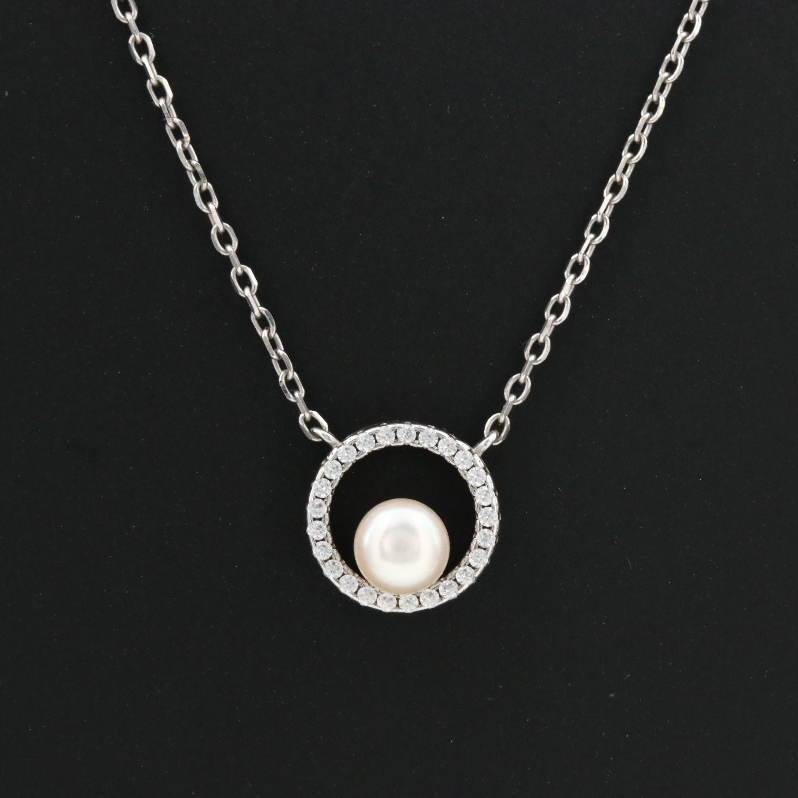 Sterling Pearl and CZ Circle Necklace