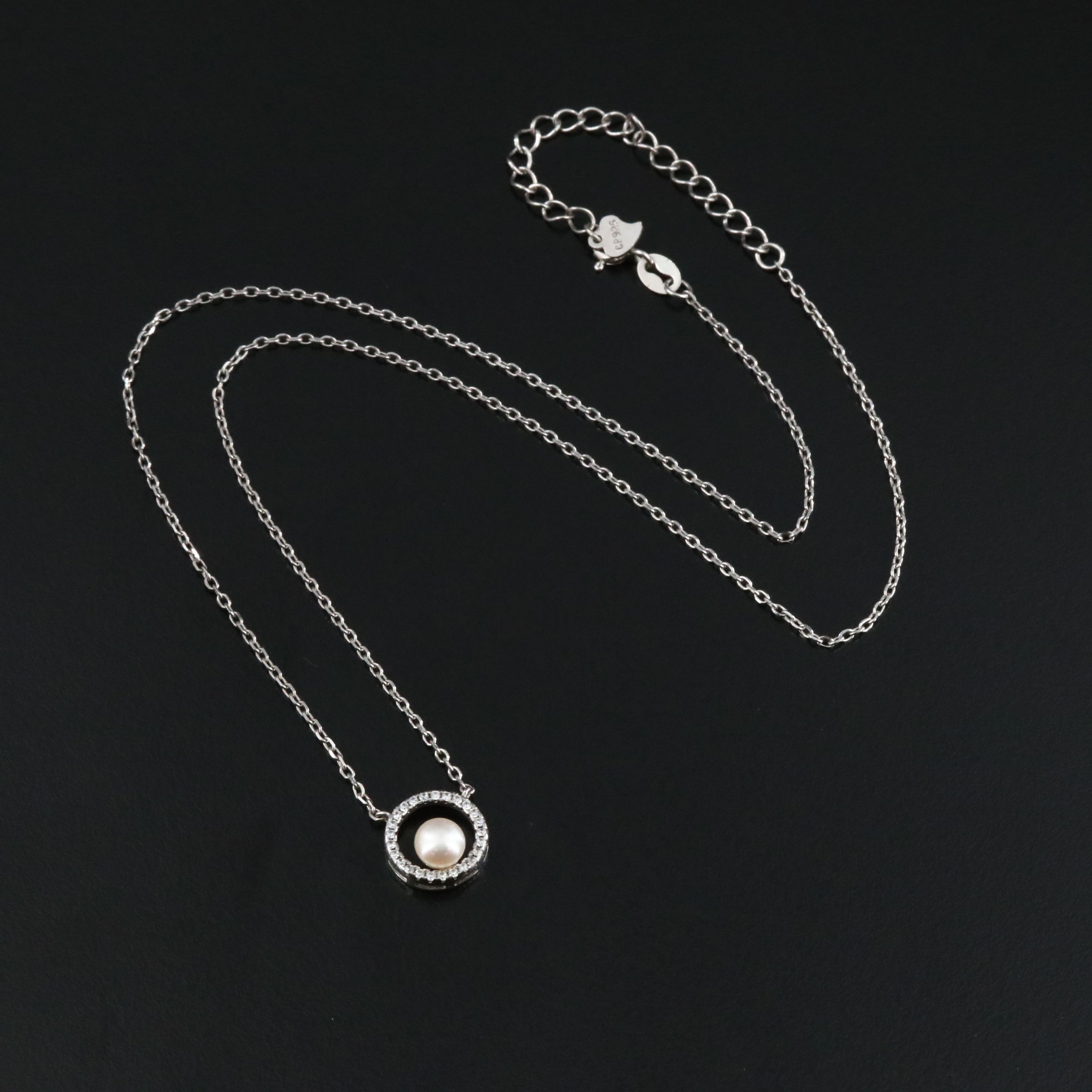 Sterling Pearl and CZ Circle Necklace