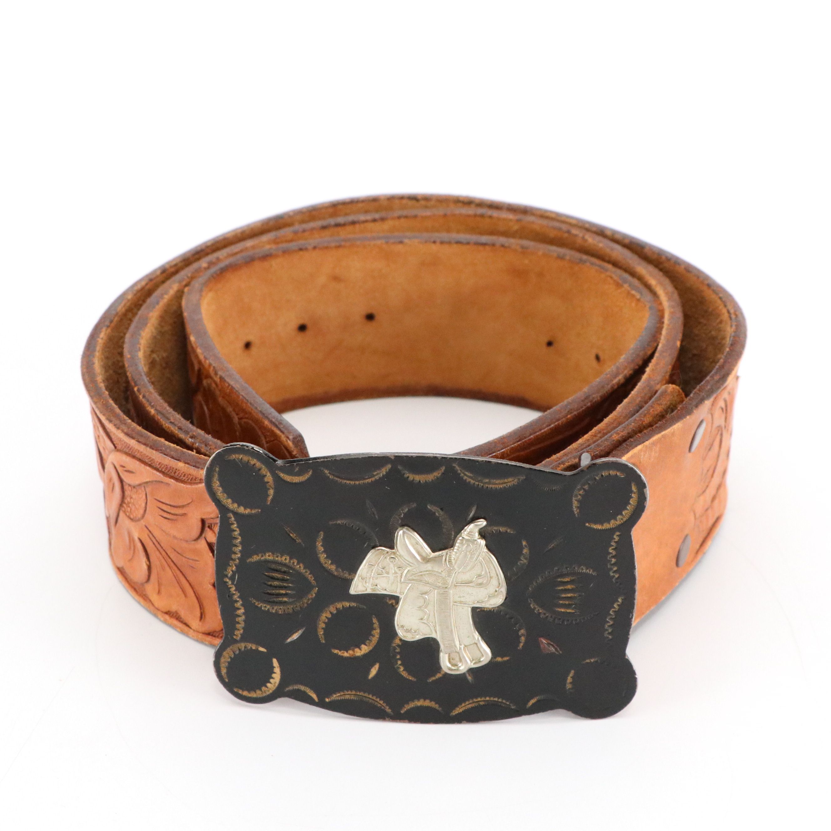 Trucker Motif Tooled Leather Belt with Commemorative Buckle, More Tooled Belts